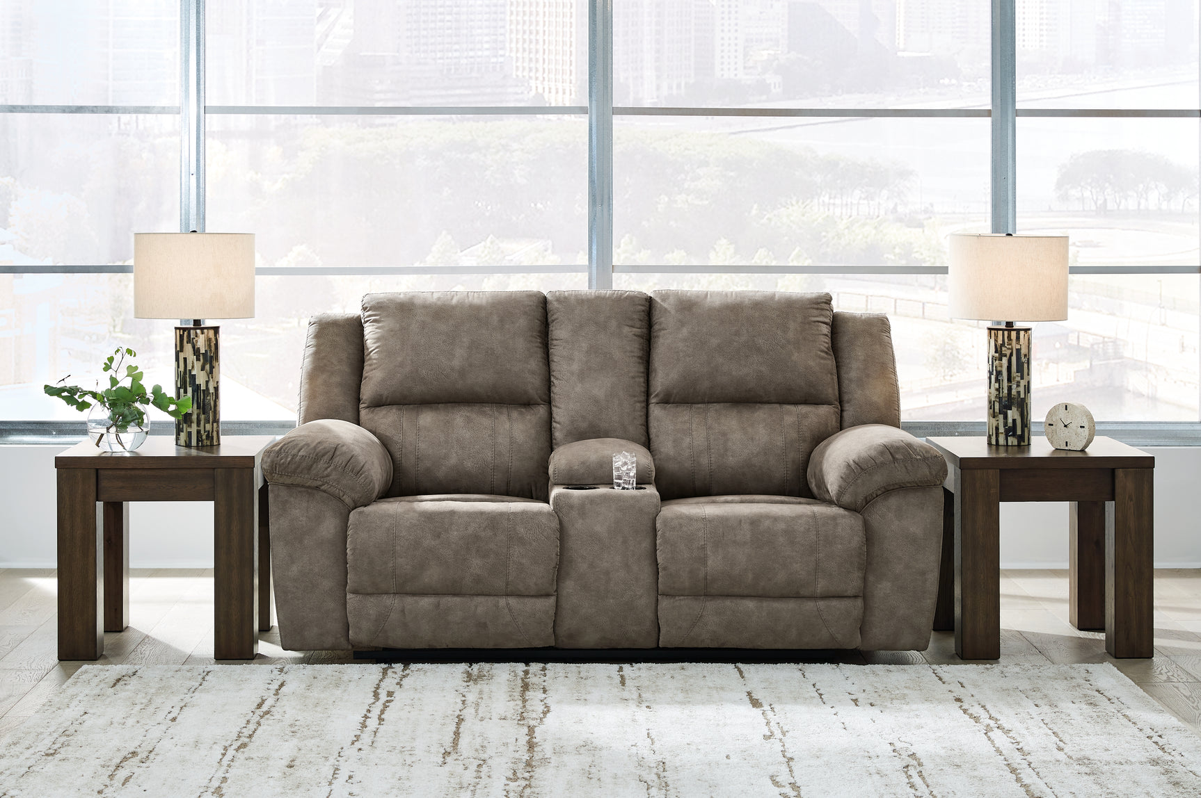 Sam's Furniture - Ashley Furniture - Laresview Living Room - DBL Rec Loveseat w/Console / Fossil - 3720394