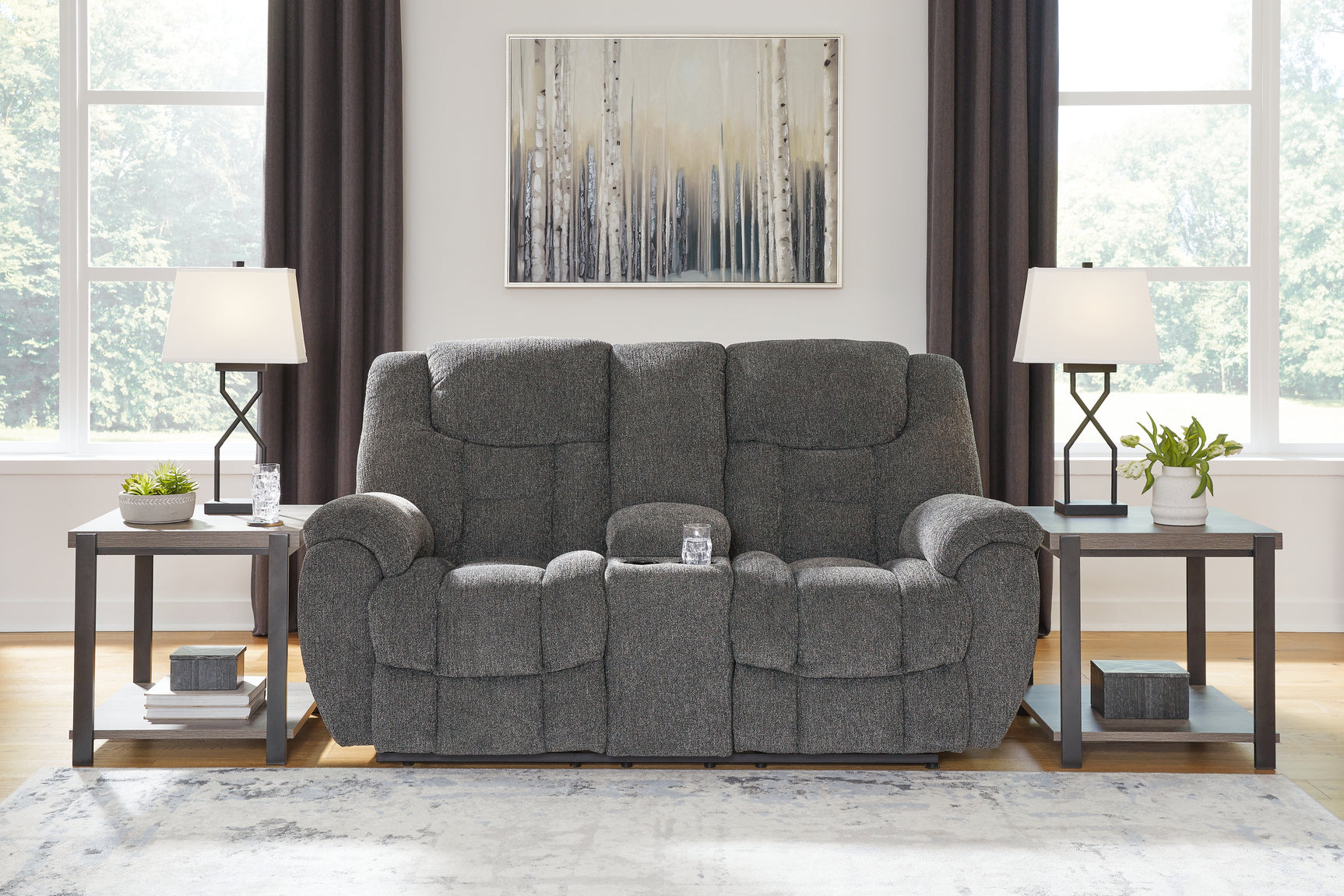 Sam's Furniture - Ashley Furniture - Foreside Living Room - DBL Rec Loveseat w/Console / Charcoal - 3810494