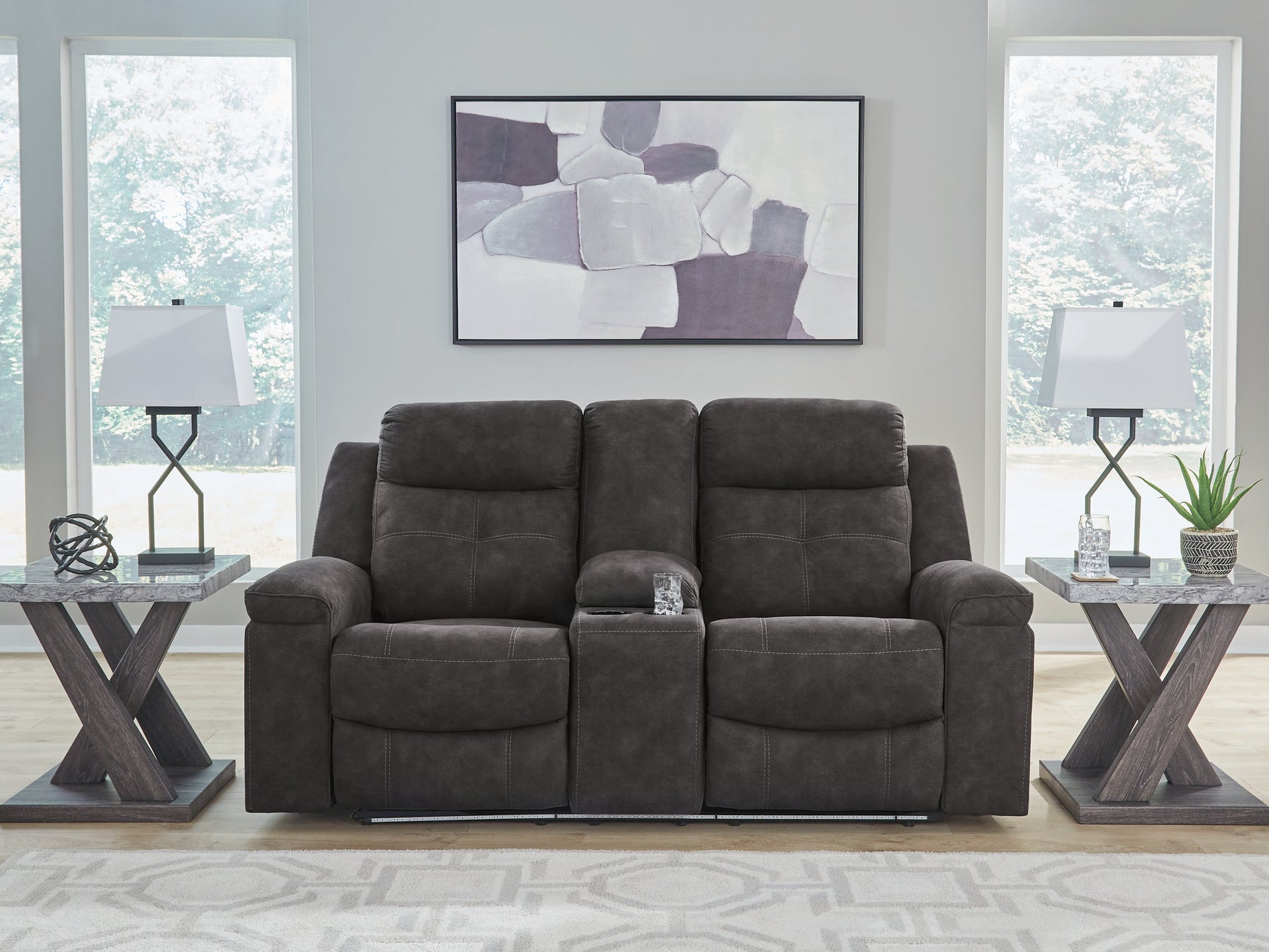 Sam's Furniture - Ashley Furniture - Brysonview Living Room - DBL Rec Loveseat w/Console / Charcoal - 6360594