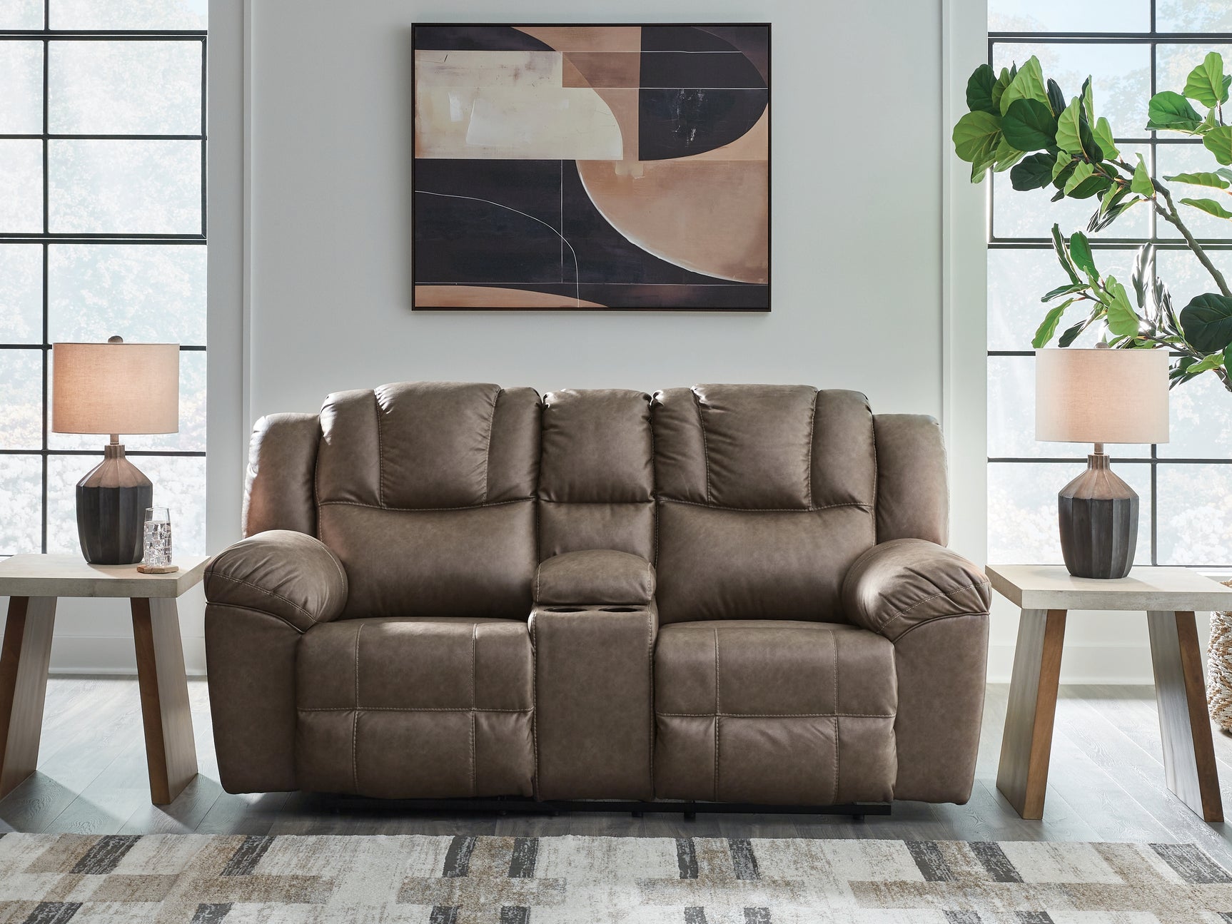 Sam's Furniture - Ashley Furniture - Lowilla Living Room - DBL Rec Loveseat w/Console / Driftwood - PC6450694