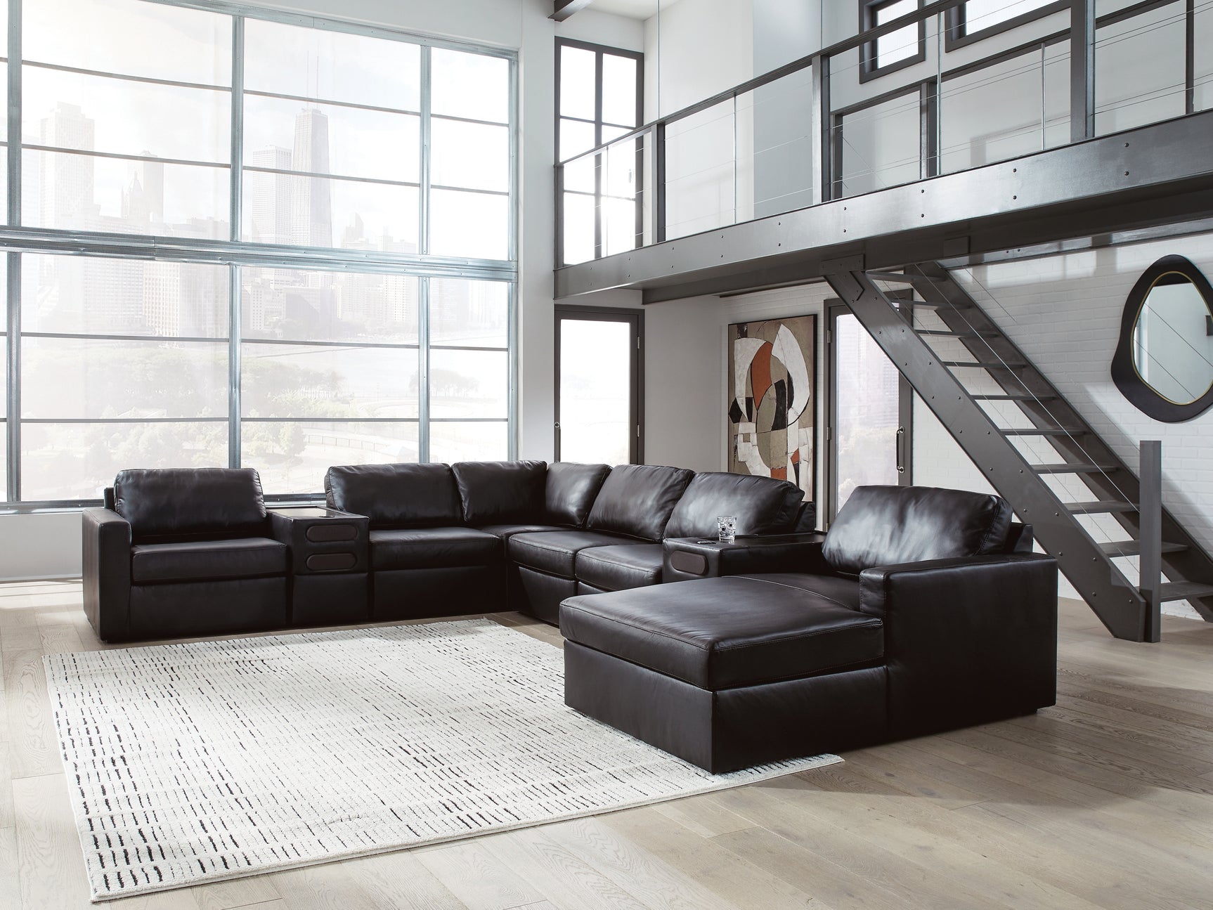 Sam's Furniture - Ashley Furniture - ModMax II Sectional - RAF 8-Piece Sectional with Chaise and Audio Consoles / Black - 74305S48