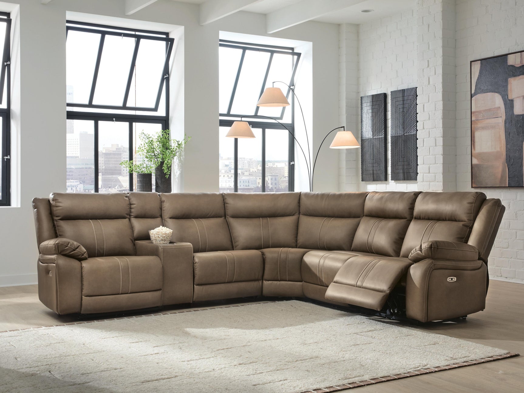 Sam's Furniture - Ashley Furniture - Max-Momentum Sectional - 6-Piece Power Reclining Sectional with Audio Console / Biscotti - PC82305S5