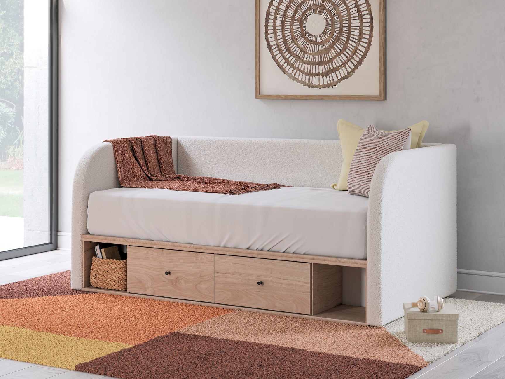 Sam's Furniture - Ashley Furniture - Arloster Bedroom - Full Upholstered Day Bed with Storage / Tan/White - PCB1566B11