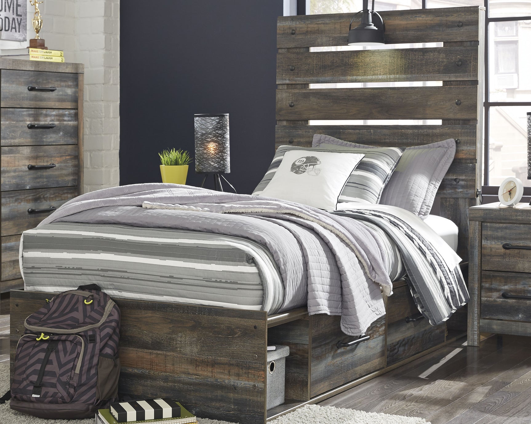 Sam's Furniture - Ashley Furniture - Drystan Bedroom - Twin Panel Bed with 4 Storage Drawers / Multi - B211B11