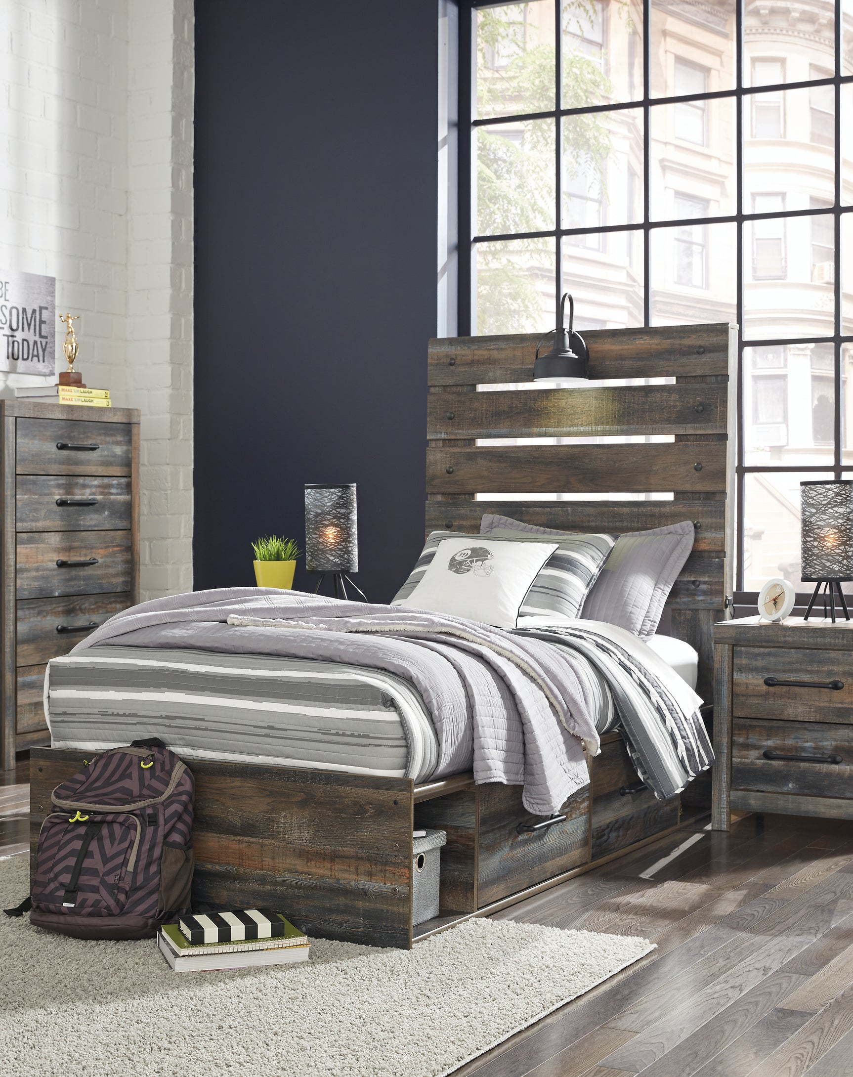 Sam's Furniture - Ashley Furniture - Drystan Bedroom - Twin Panel Bed with 2 Storage Drawers / Multi - B211B8