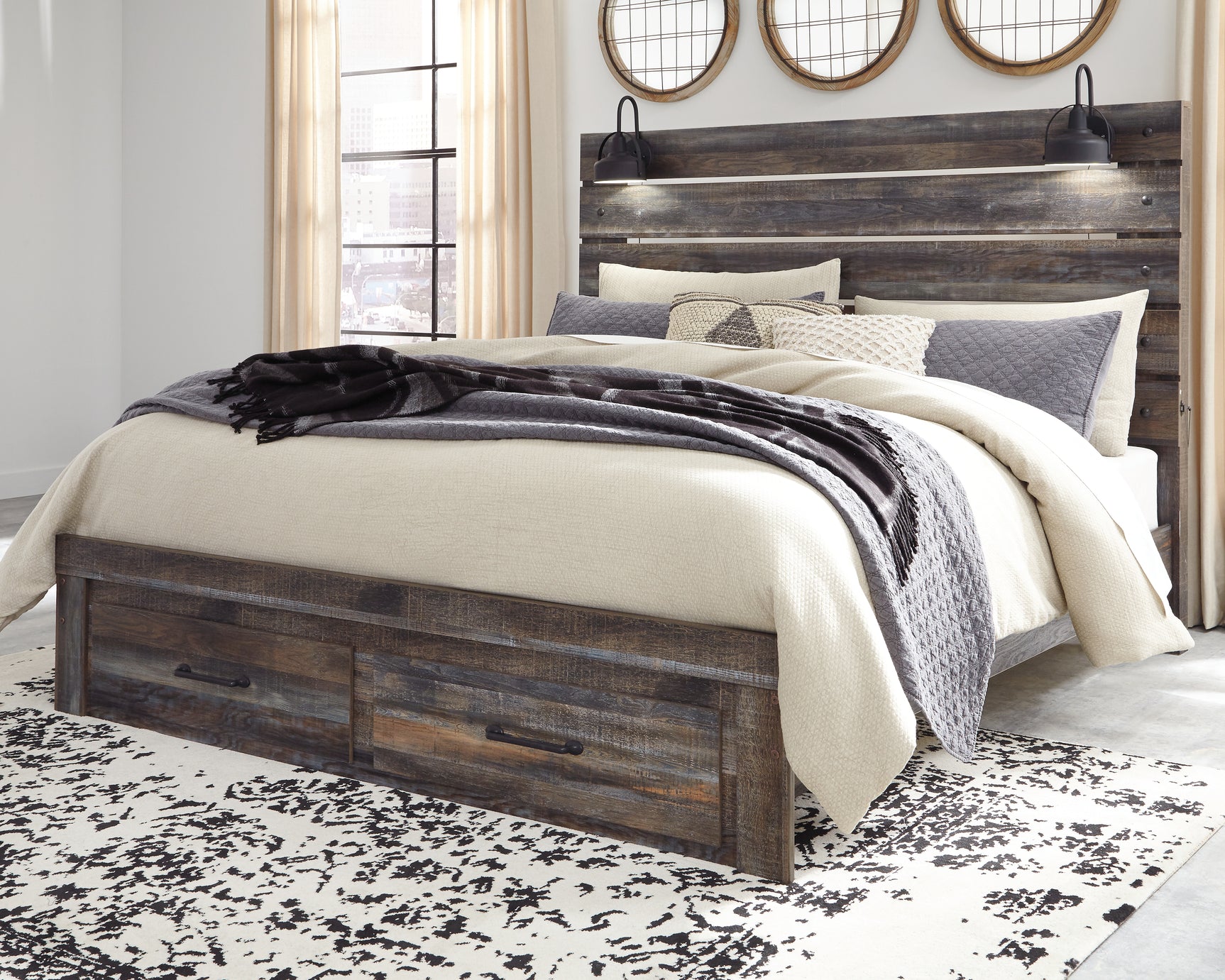 Sam's Furniture - Ashley Furniture - Drystan Bedroom - King Panel Bed with 2 Storage Drawers / Multi - B211B55