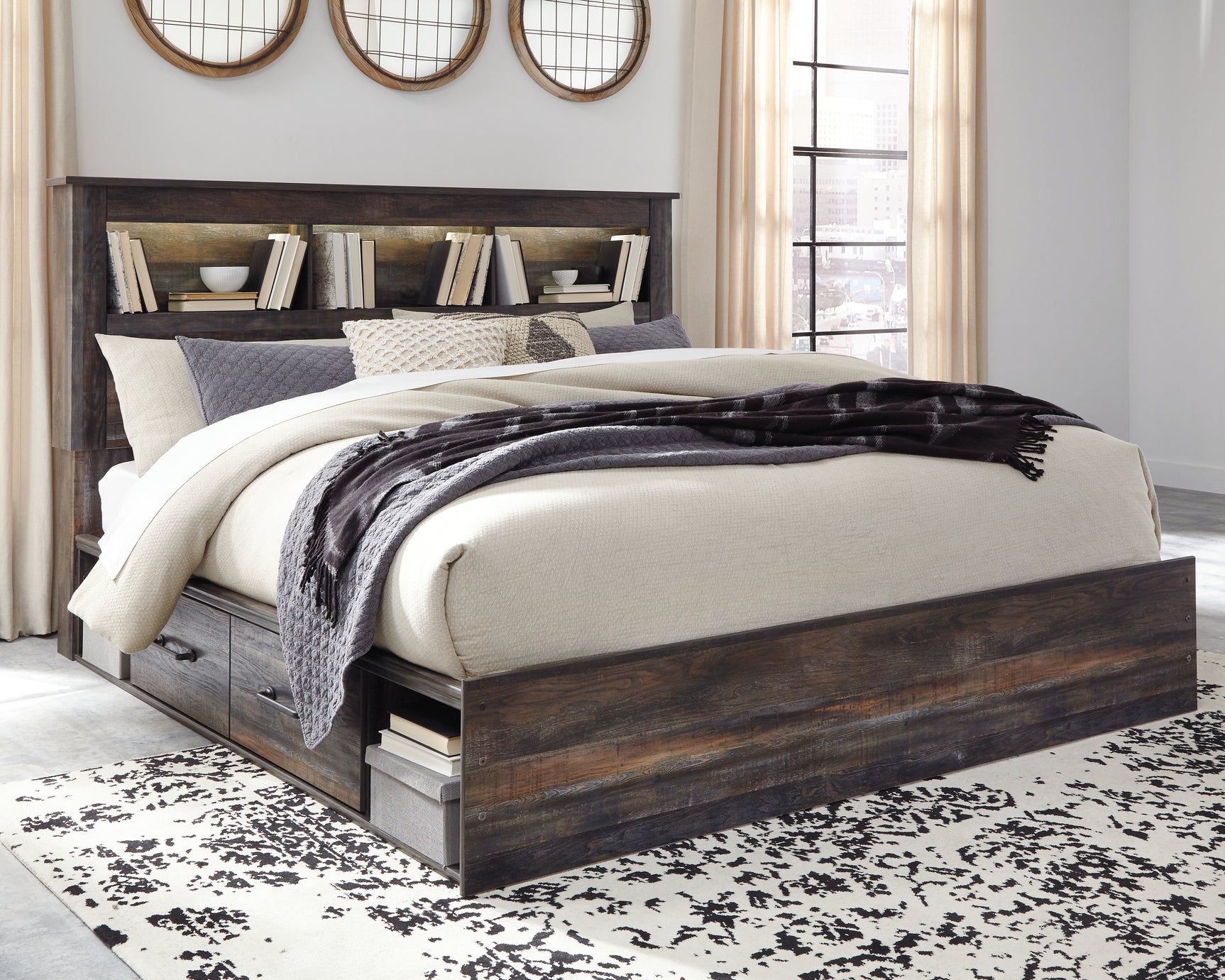 Sam's Furniture - Ashley Furniture - Drystan Bedroom - King Bookcase Bed with 4 Storage Drawers / Multi - B211B52