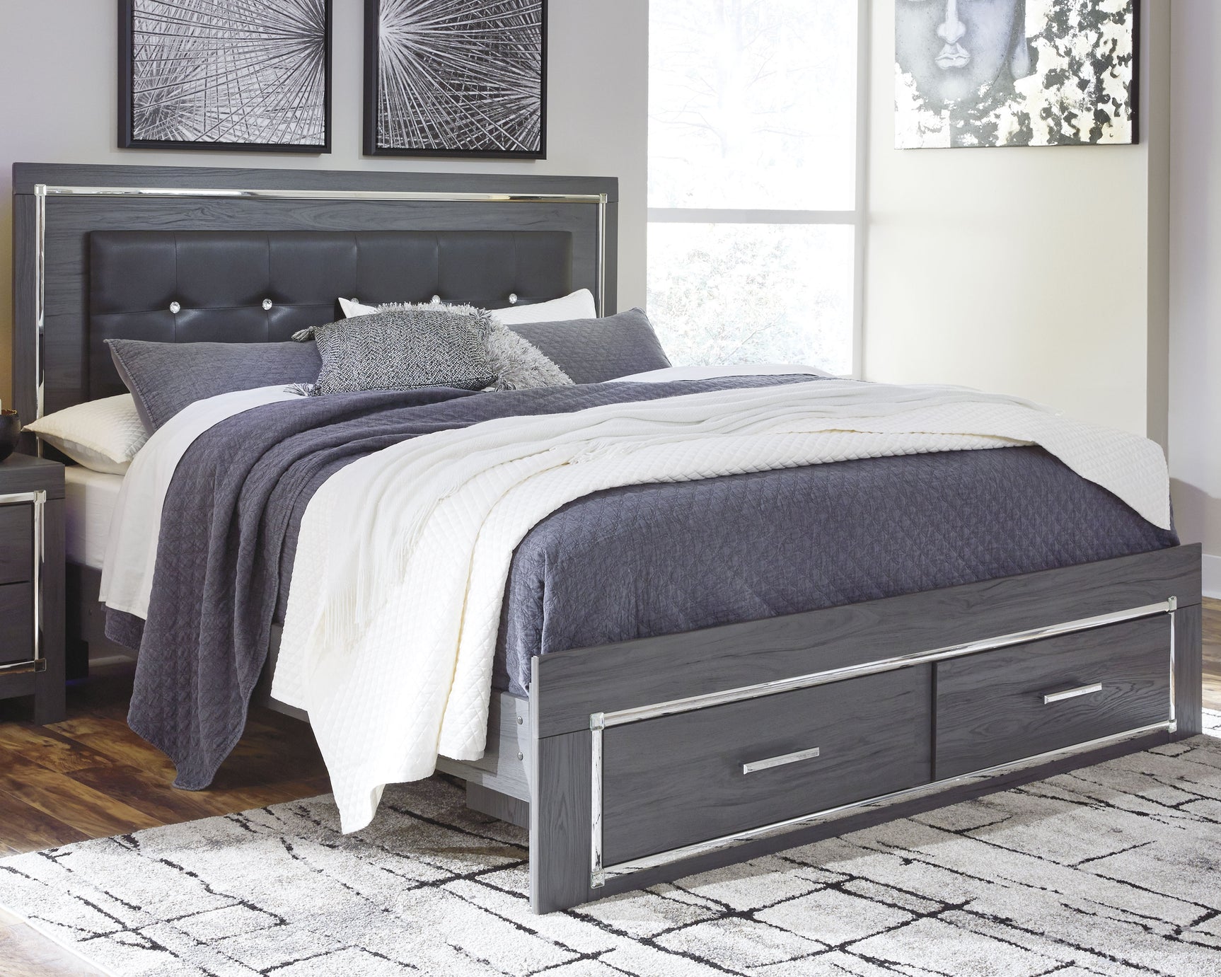 Sam's Furniture - Ashley Furniture - Lodanna Bedroom - King Panel Bed with 2 Storage Drawers / Gray - B214B11