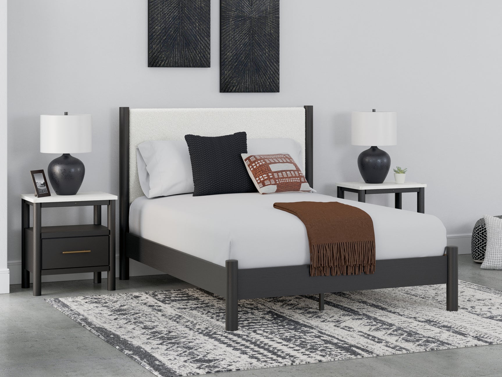 Sam's Furniture - Ashley Furniture - Cadmori Bedroom - Queen Upholstered Panel Bed / Black/White - B2616B2