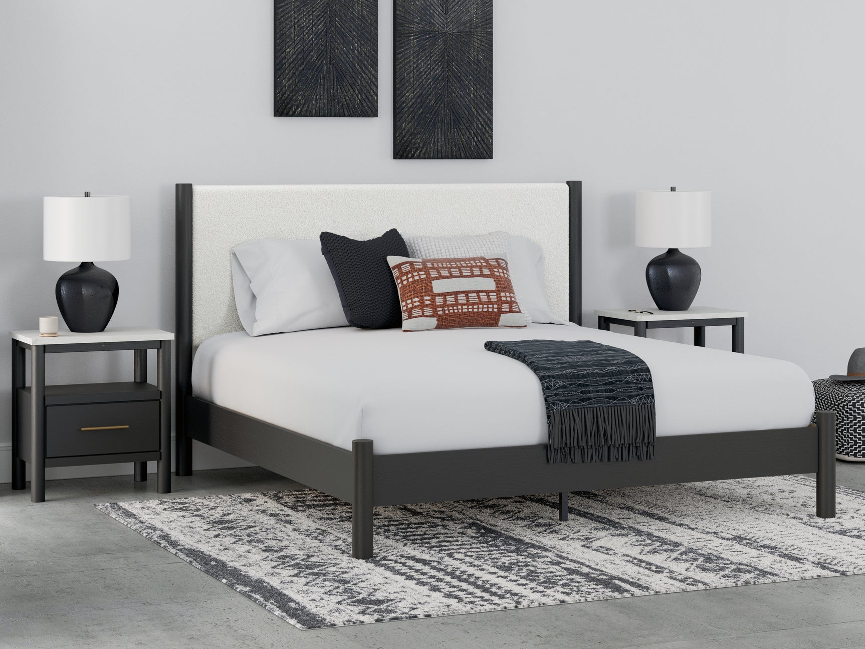 Sam's Furniture - Ashley Furniture - Cadmori Bedroom - King Upholstered Panel Bed / Black/White - B2616B8