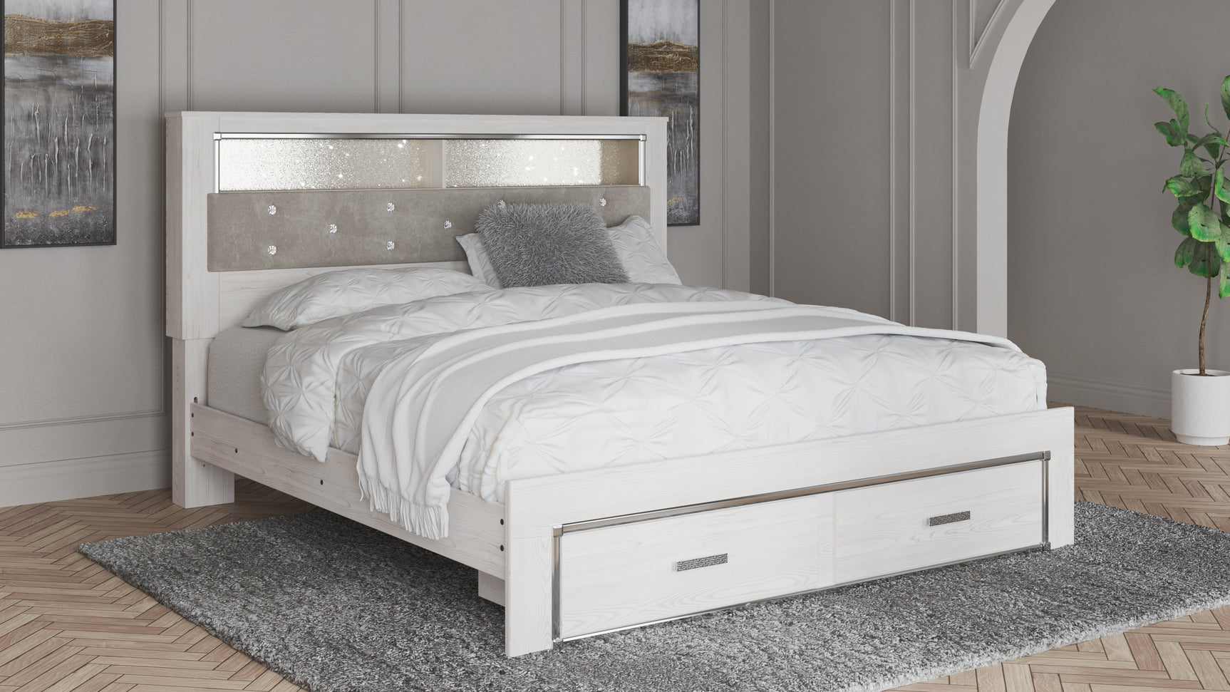 Sam's Furniture - Ashley Furniture - Altyra Bedroom - King Upholstered Bookcase Bed with Storage / White - B2640B30