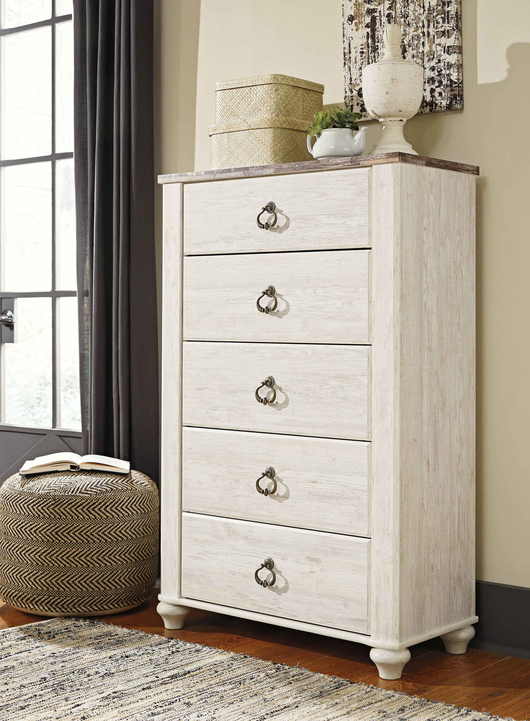 Sam's Furniture - Ashley Furniture - Willowton Bedroom - Five Drawer Chest / Whitewash - B267-46