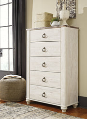 Sam's Furniture - Ashley Furniture - Willowton Bedroom - Five Drawer Chest / Whitewash - B267-46