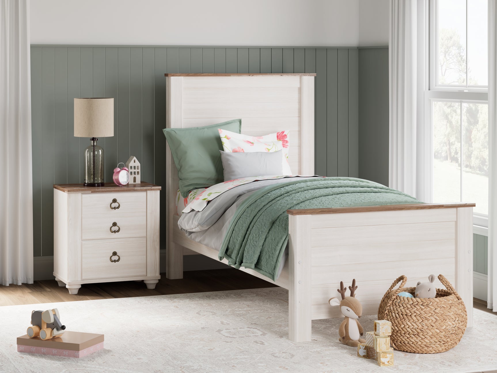 Sam's Furniture - Ashley Furniture - Willowton Bedroom - Twin Panel Bed / Whitewash - B267B15
