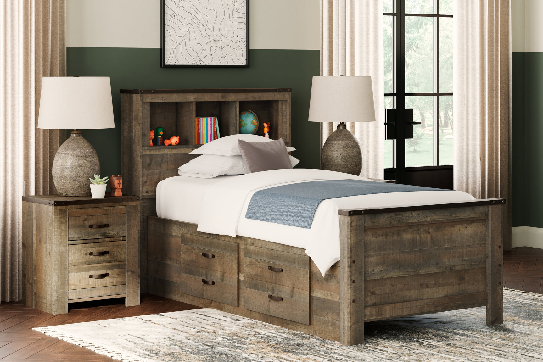 Sam's Furniture - Ashley Furniture - Trinell Bedroom - Twin Bookcase Bed with 2 Storage Drawers / Brown - B446B17