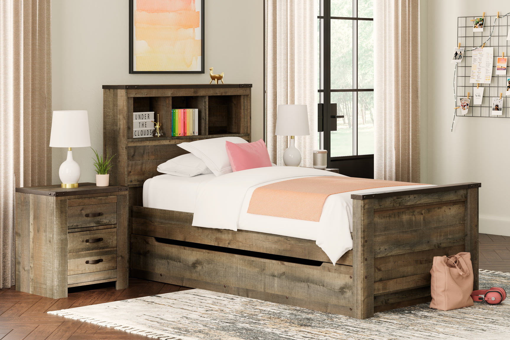 Sam's Furniture - Ashley Furniture - Trinell Bedroom - Twin Bookcase Bed with 1 Large Storage Drawer / Brown - B446B22