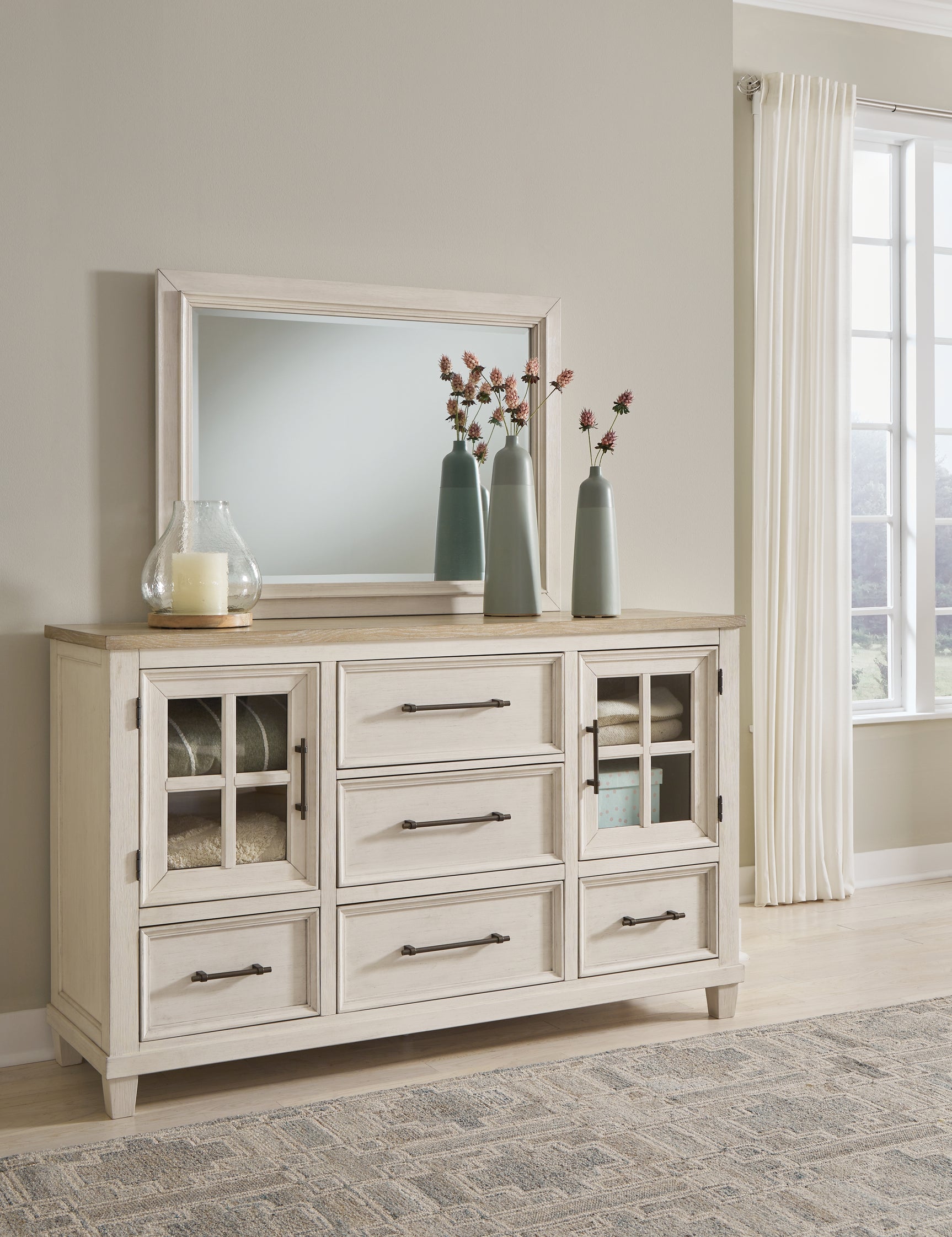 Sam's Furniture - Ashley Furniture - Shaybrock Bedroom - Dresser and Mirror / Antique White/Brown - B683B1