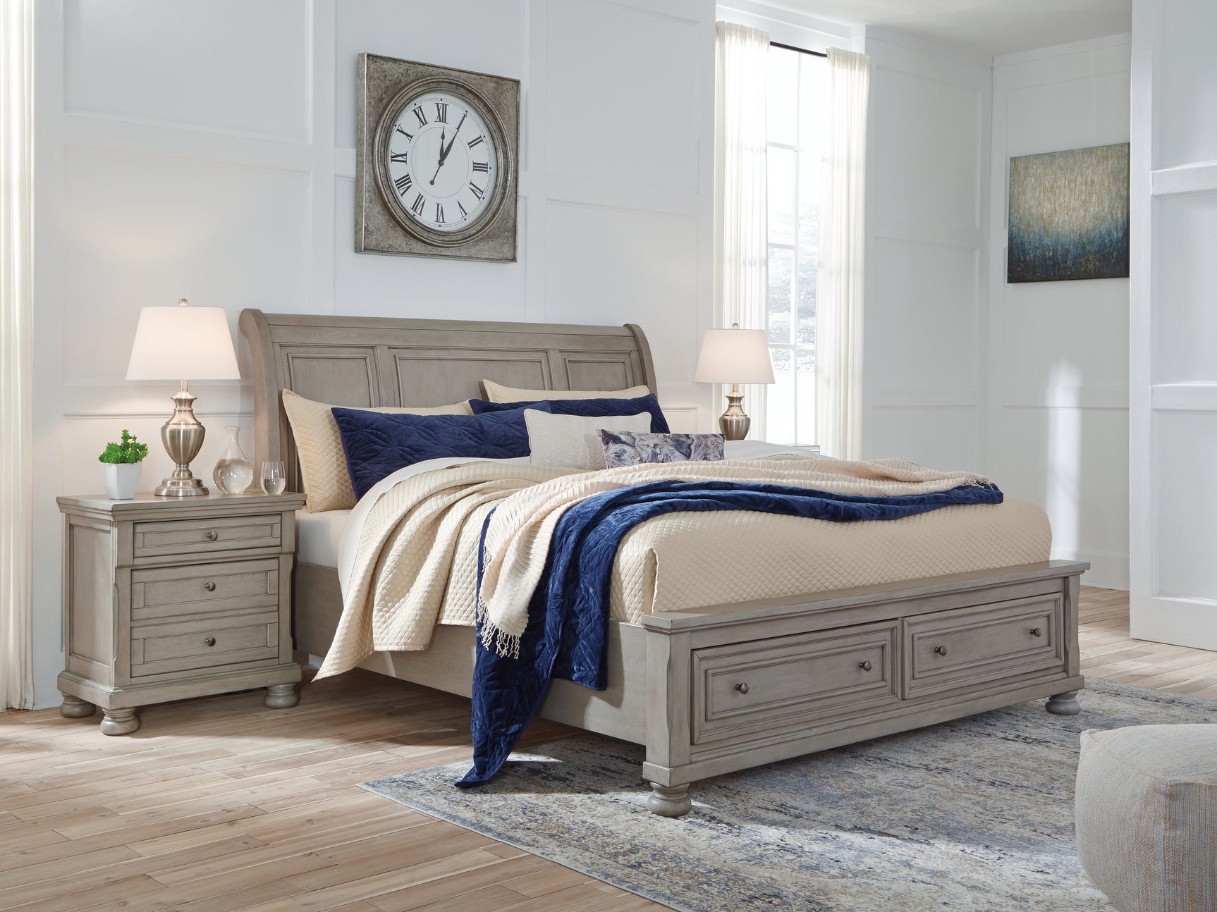 Sam's Furniture - Ashley Furniture - Lettner Bedroom - California King Sleigh Bed with 2 Storage Drawers / Light Gray - B733B9