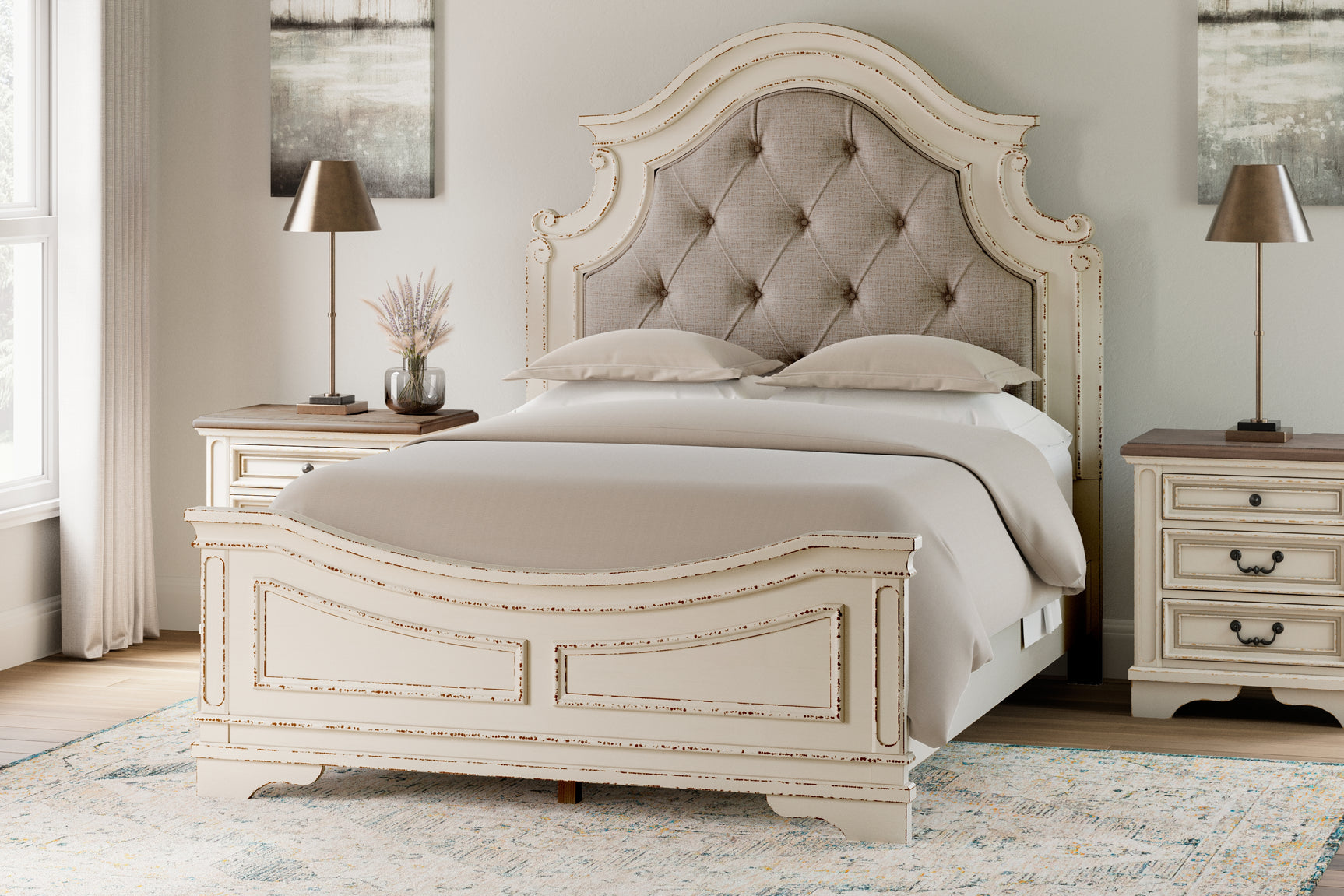 Sam's Furniture - Ashley Furniture - Realyn Bedroom - Queen Upholstered Panel Bed / Chipped White - B743B2