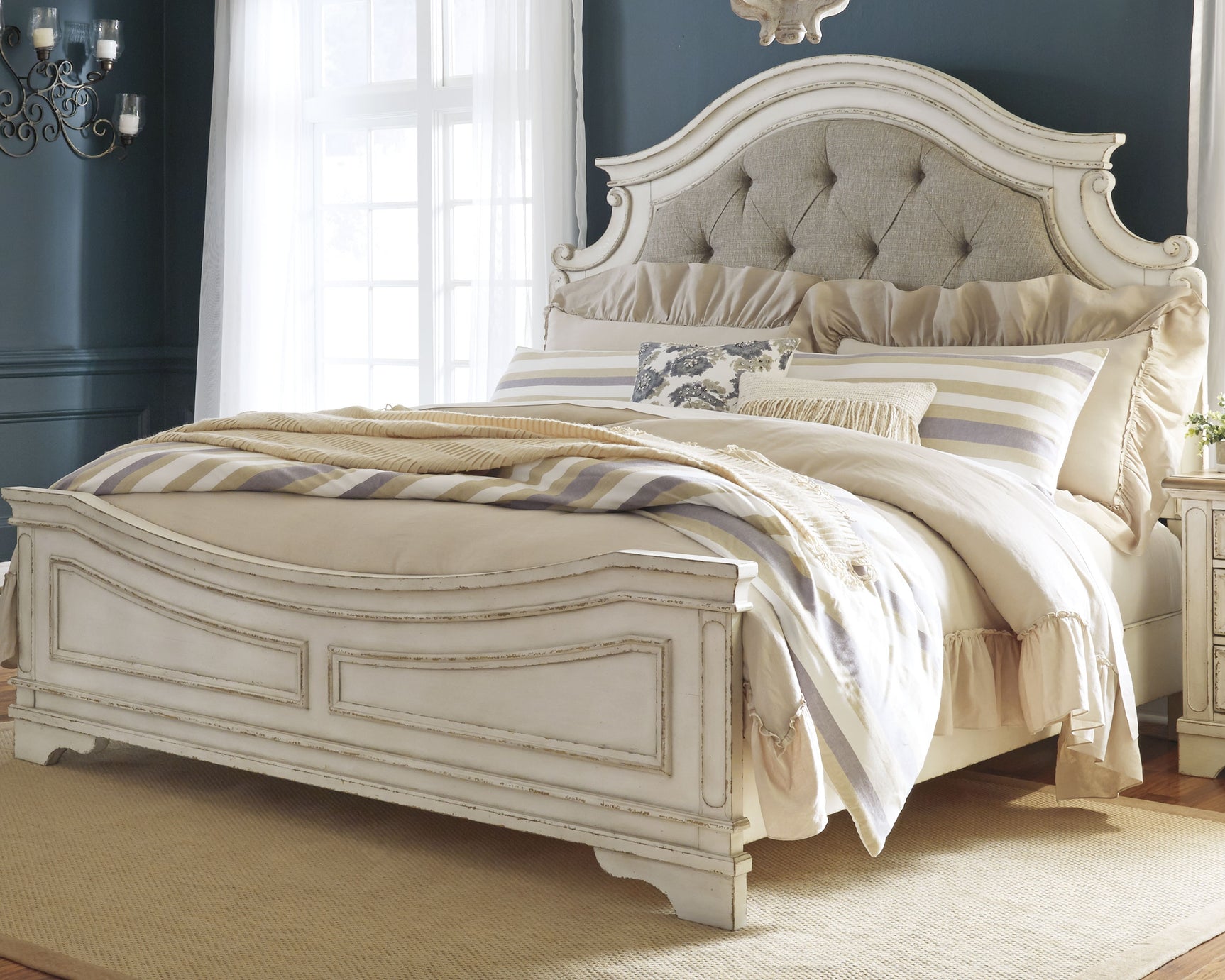Sam's Furniture - Ashley Furniture - Realyn Bedroom - King Upholstered Panel Bed / Chipped White - B743B6
