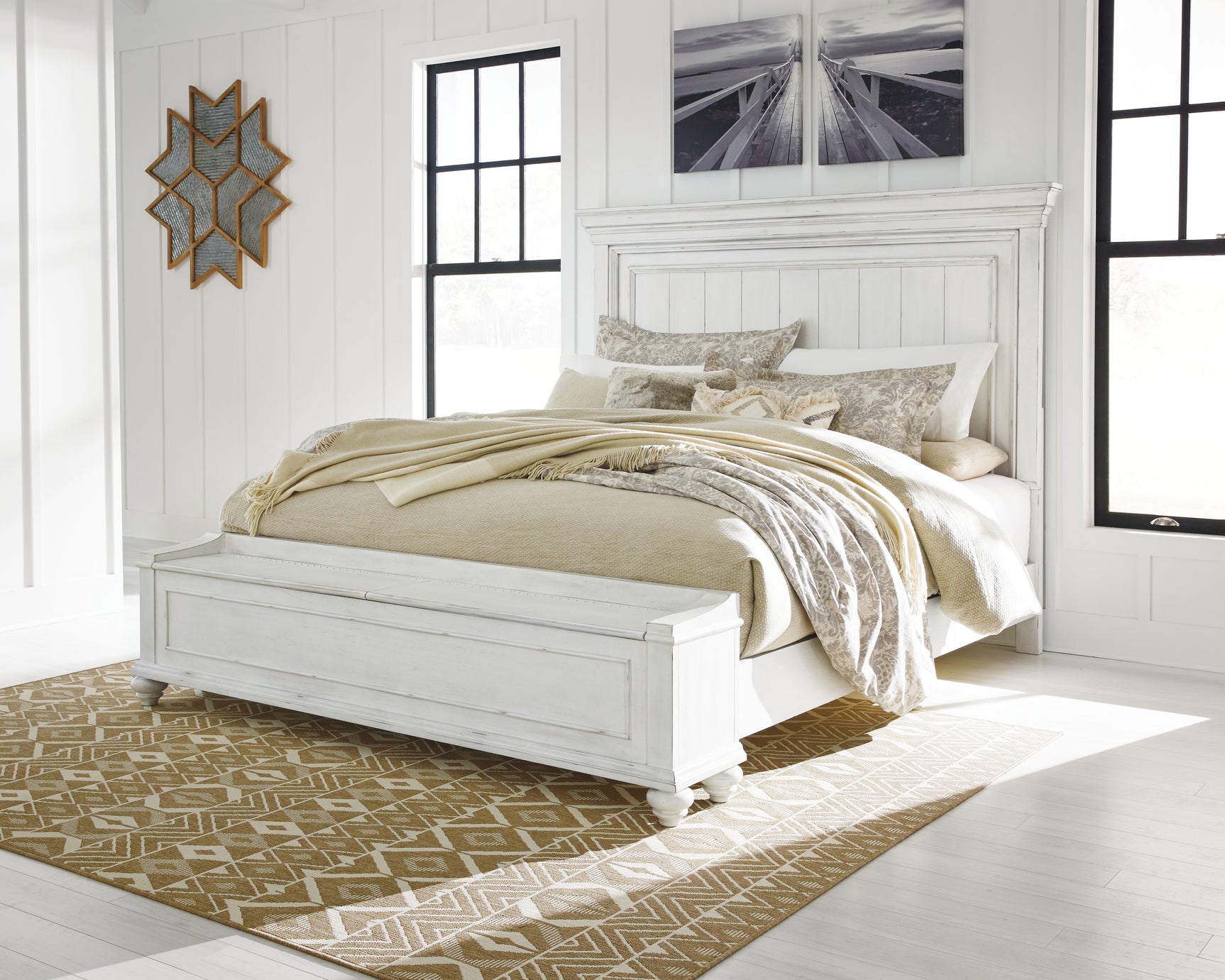 Sam's Furniture - Ashley Furniture - Kanwyn Bedroom - King Panel Bed with Storage Bench / Whitewash - B777B9
