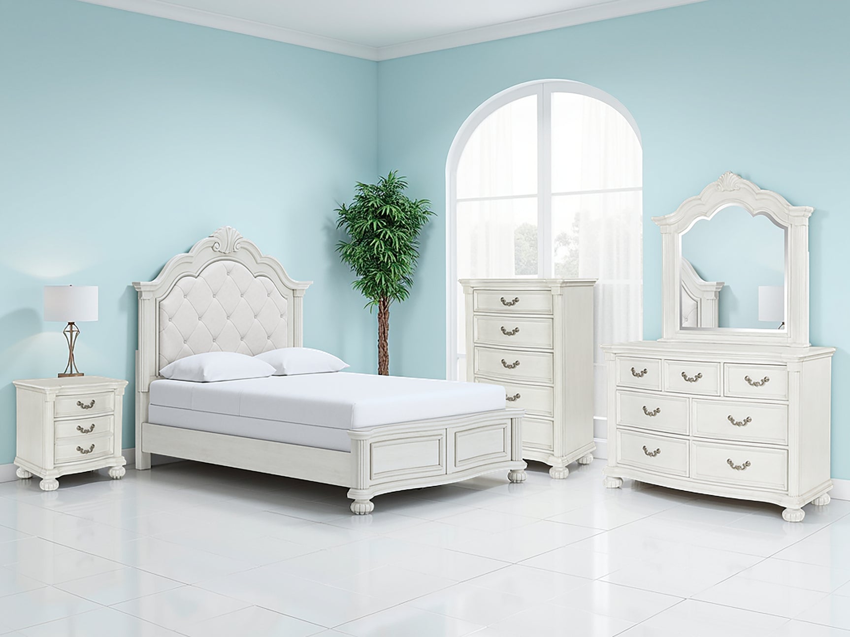 Sam's Furniture - Ashley Furniture - Montelaine Bedroom - Queen Upholstered Panel Bed / Antique White - B795B2