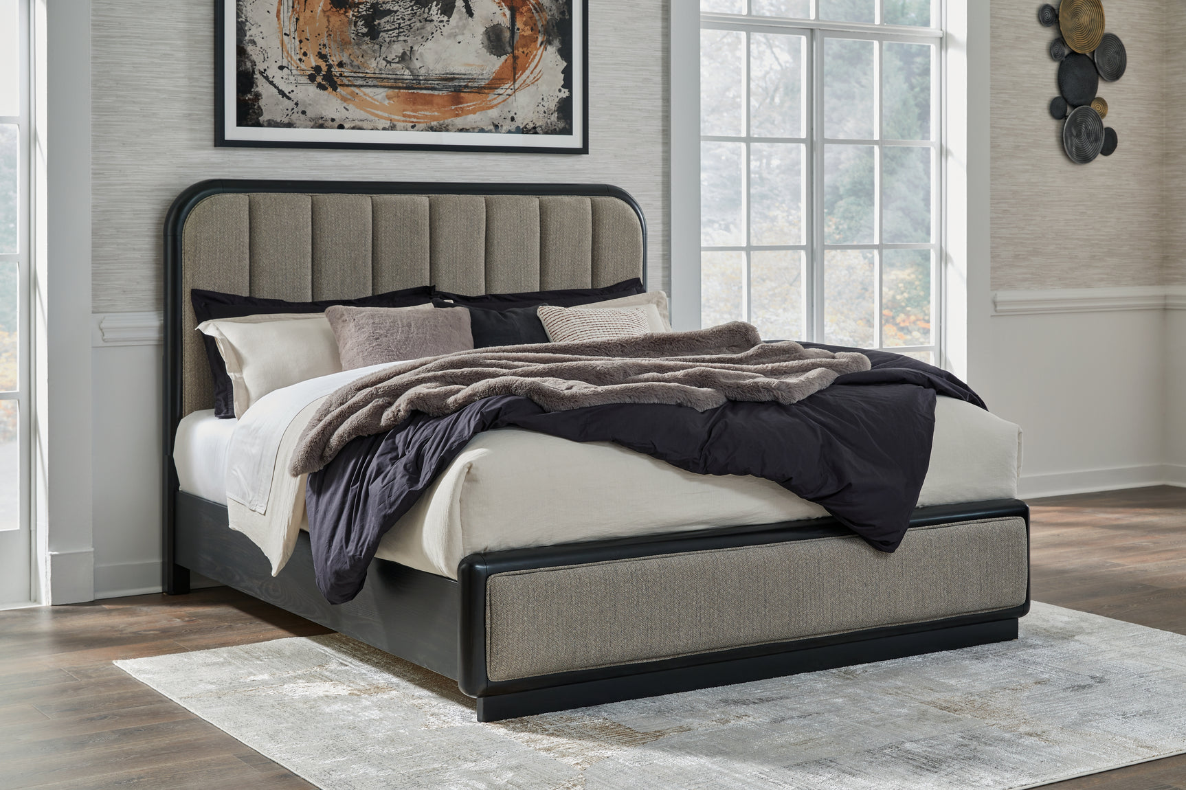 Sam's Furniture - Ashley Furniture - Rowanbeck Bedroom - King Upholstered Panel Bed / Gray/Black - B821B4
