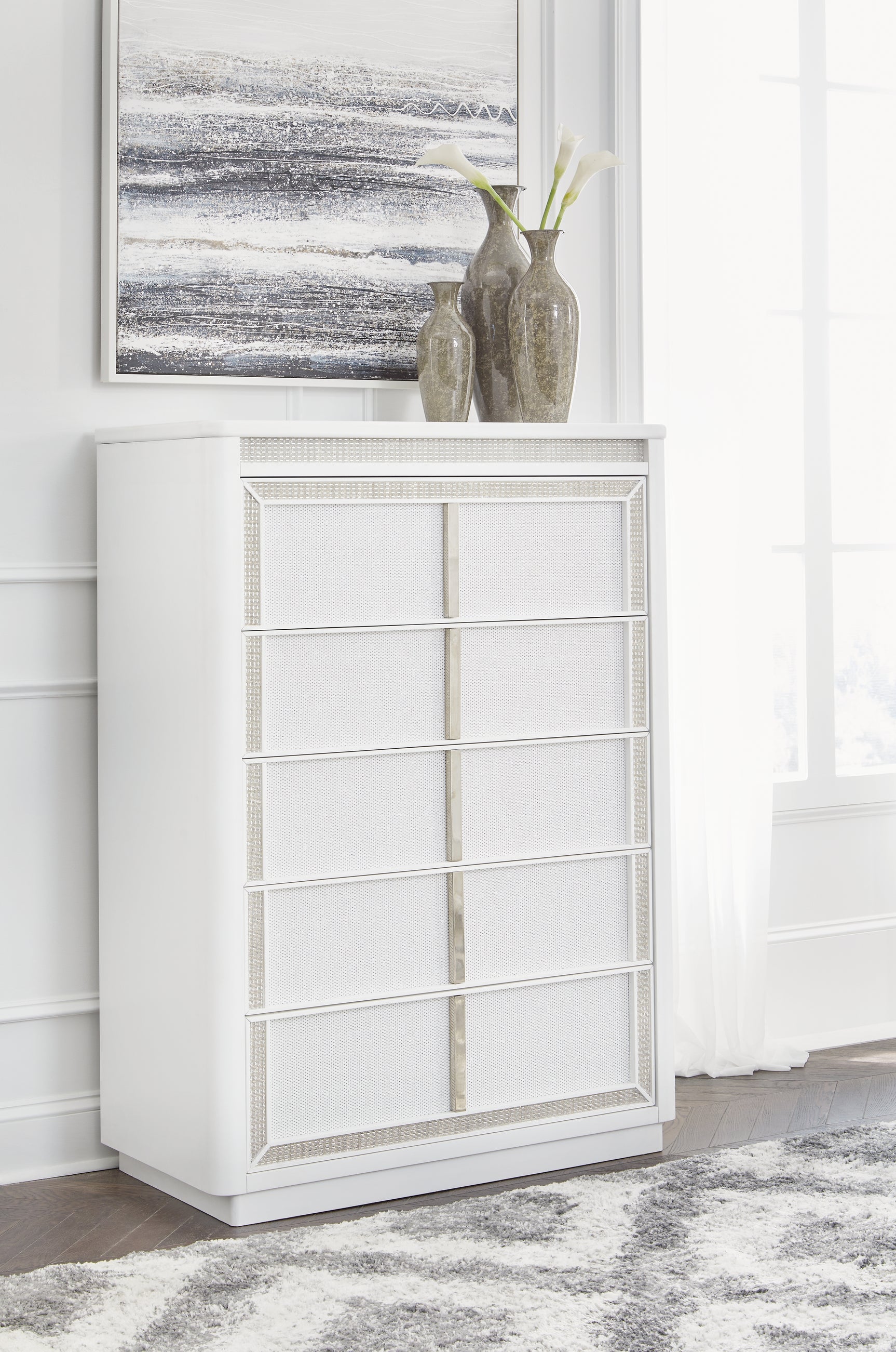 Sam's Furniture - Ashley Furniture - Chalanna Bedroom - Five Drawer Chest / White - B822-46