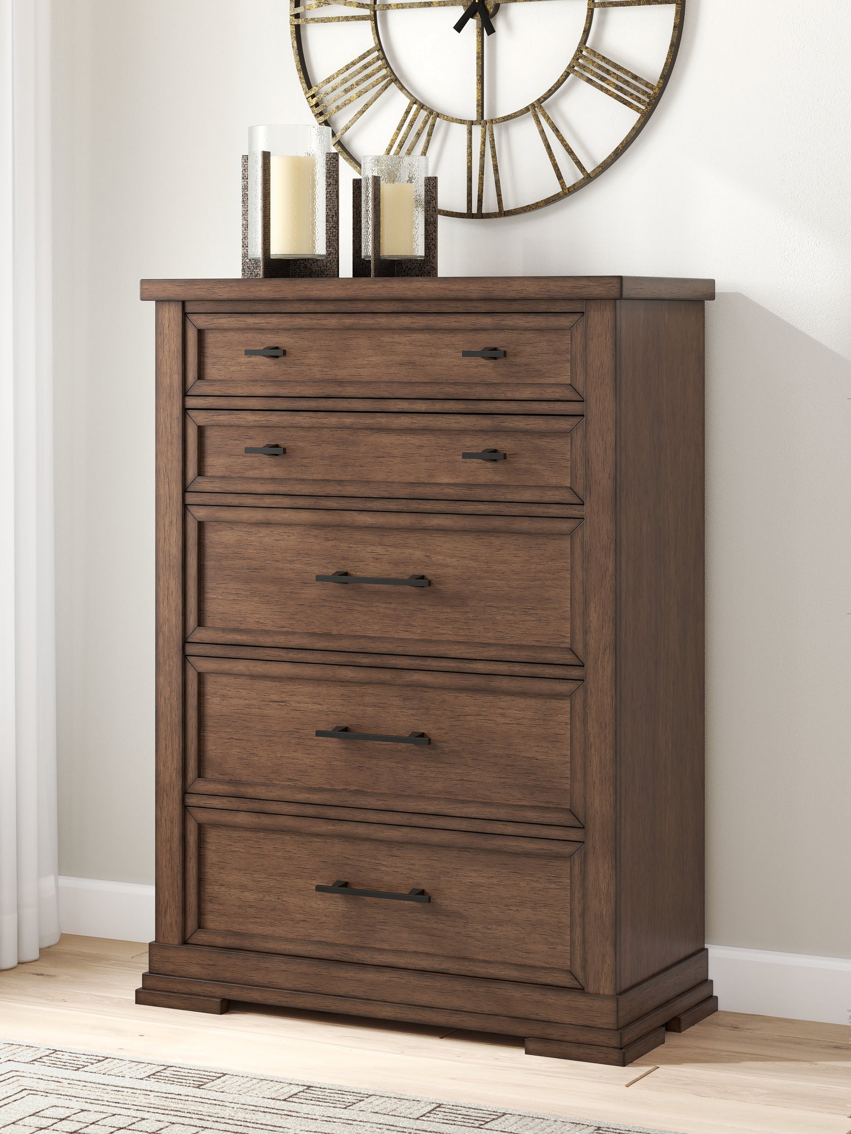 Sam's Furniture - Ashley Furniture - Taffenbrook Bedroom - Five Drawer Chest / Medium Brown - B849-46