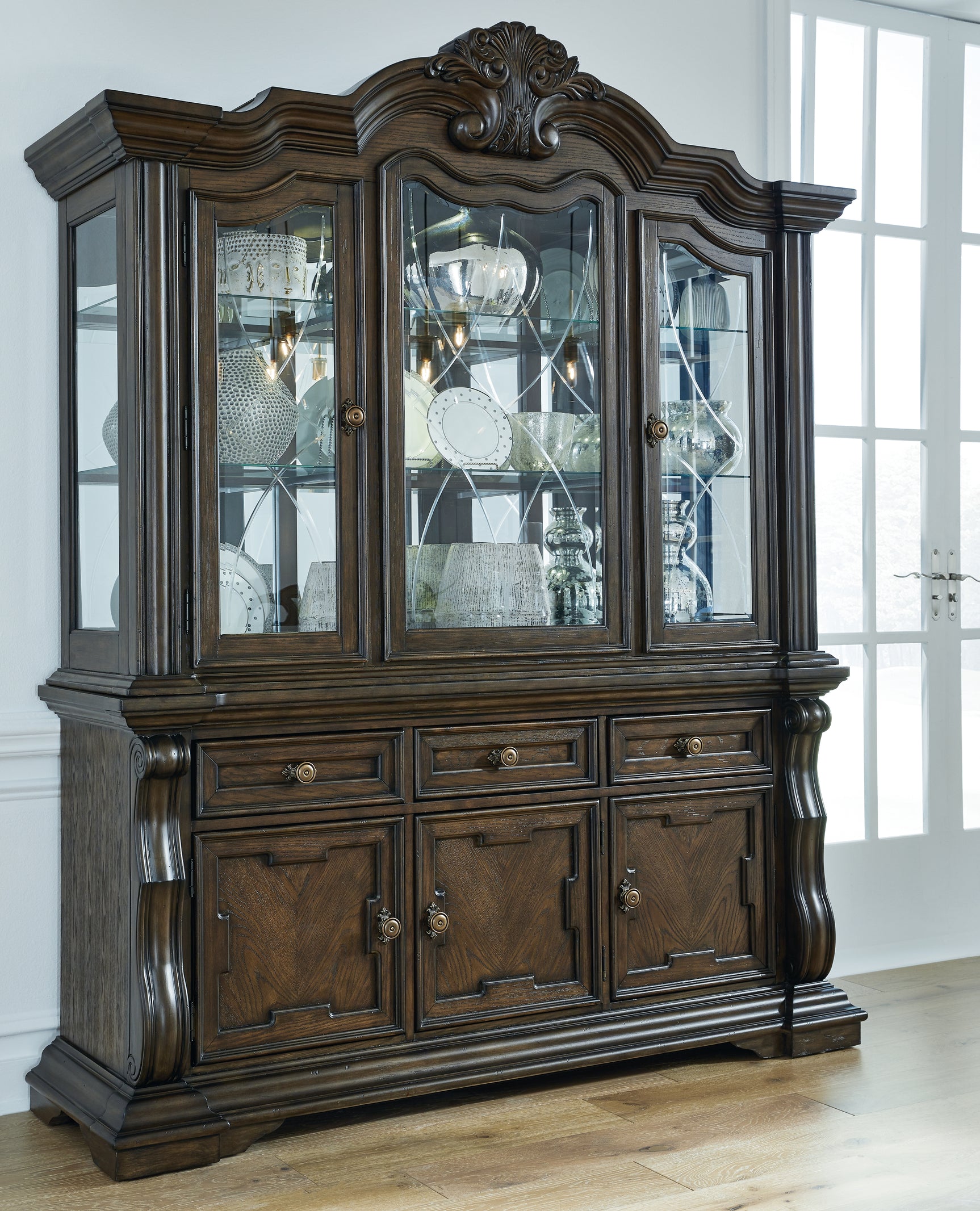 Sam's Furniture - Ashley Furniture - Maylee Dining Room - Dining Buffet and Hutch / Dark Brown / 71.75"W x 20.75"D x 89.25"H - D947D1