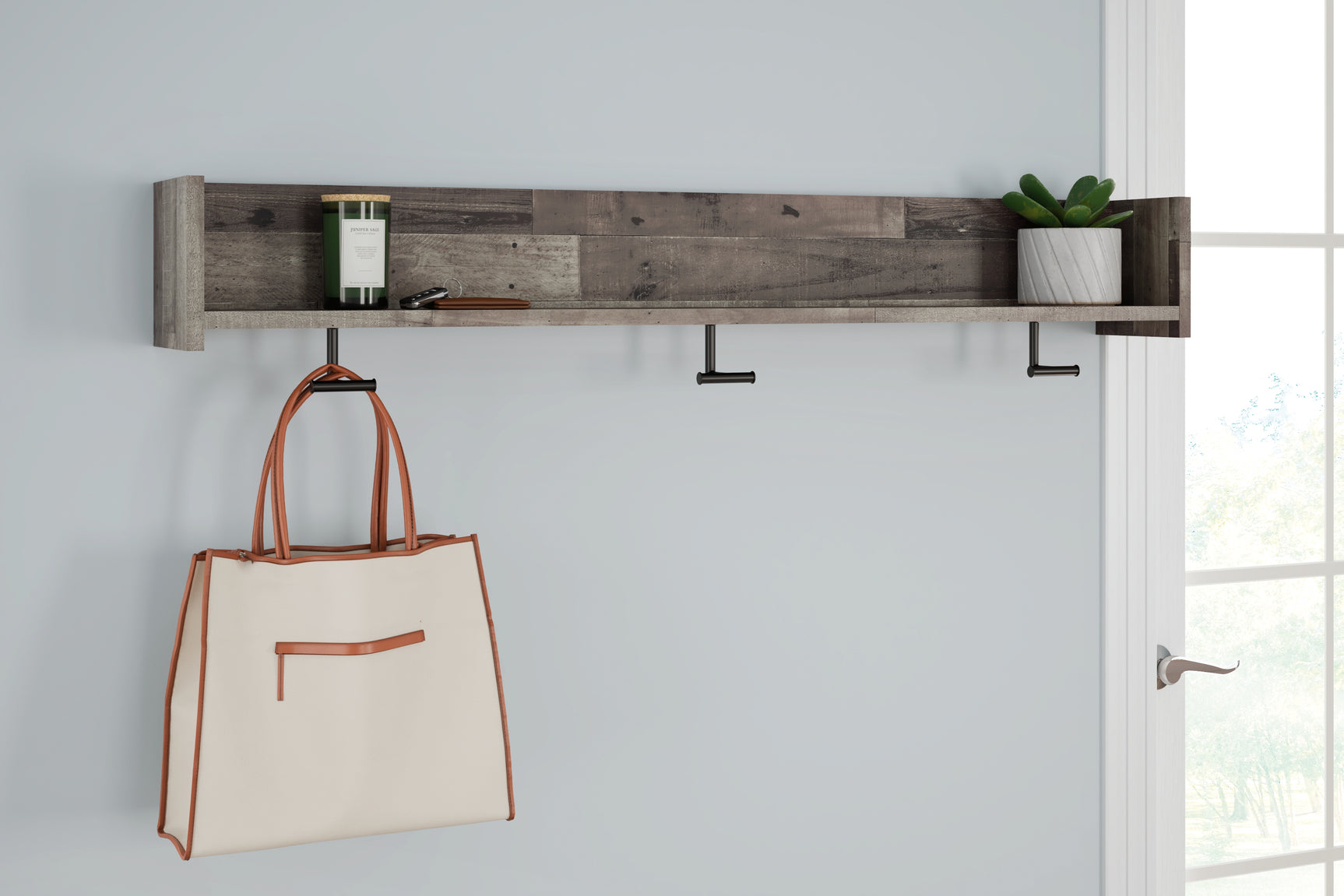 Sam's Furniture - Ashley Furniture - Neilsville Wall Decor - Wall Mounted Coat Rack w/Shelf / Whitewash - EA2320-151