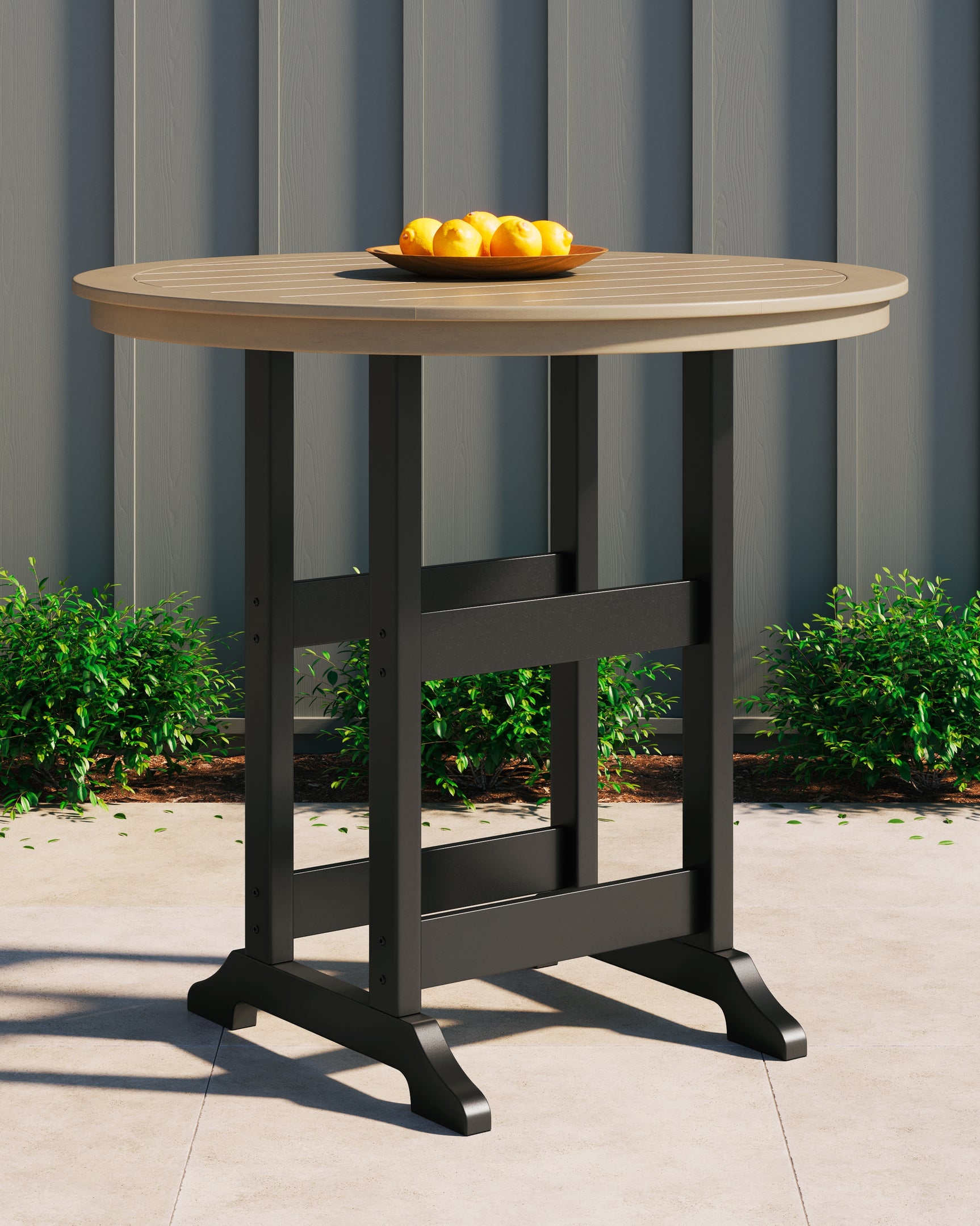 Sam's Furniture - Ashley Furniture - Fairen Trail Outdoor - Round Bar Table w/UMB OPT / Black/Driftwood - P211-613
