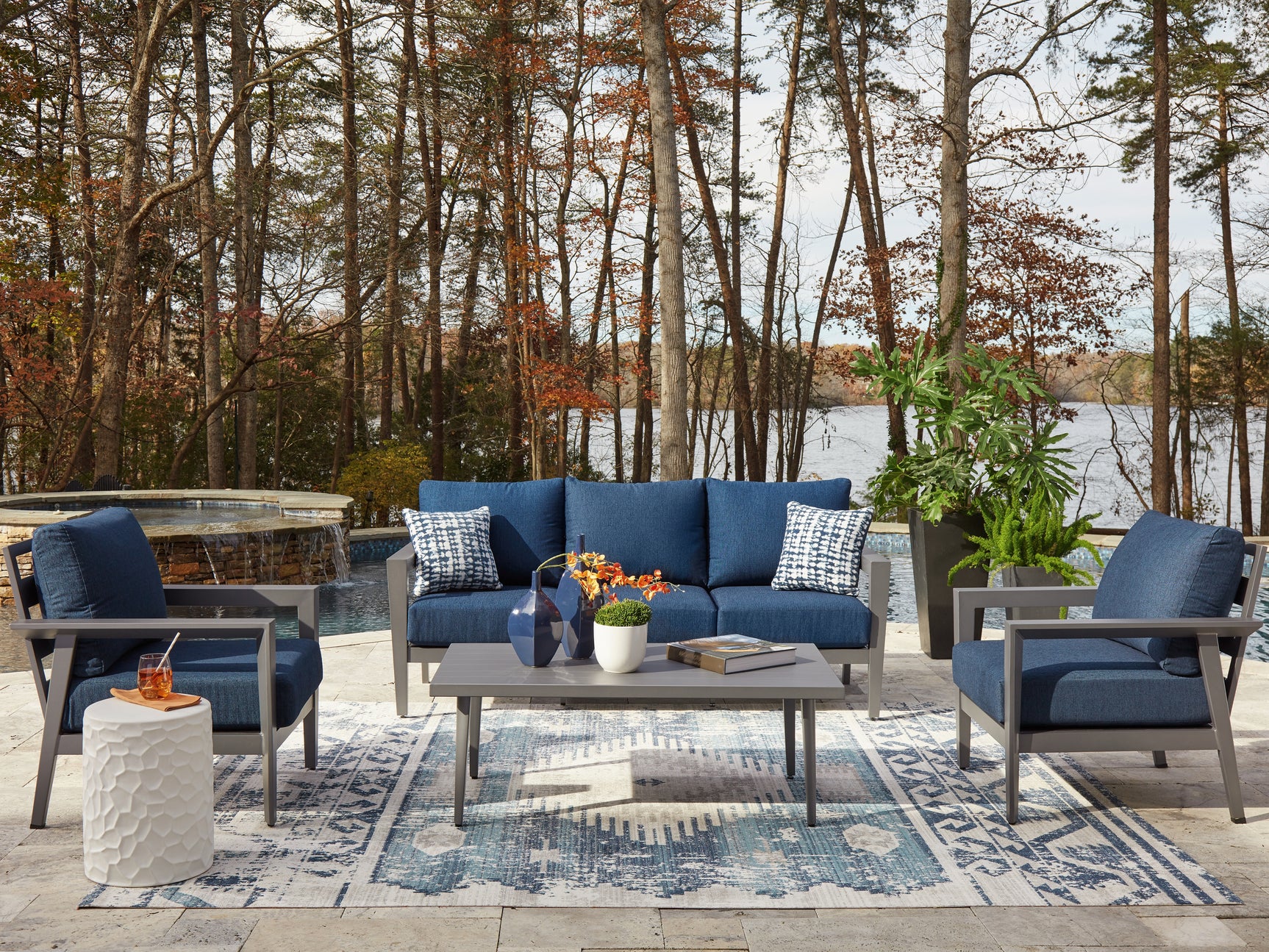 Sam's Furniture - Ashley Furniture - Gali Outdoor - Sofa/Chairs/Table Set (4/CN) / Gray/Blue - P275-081