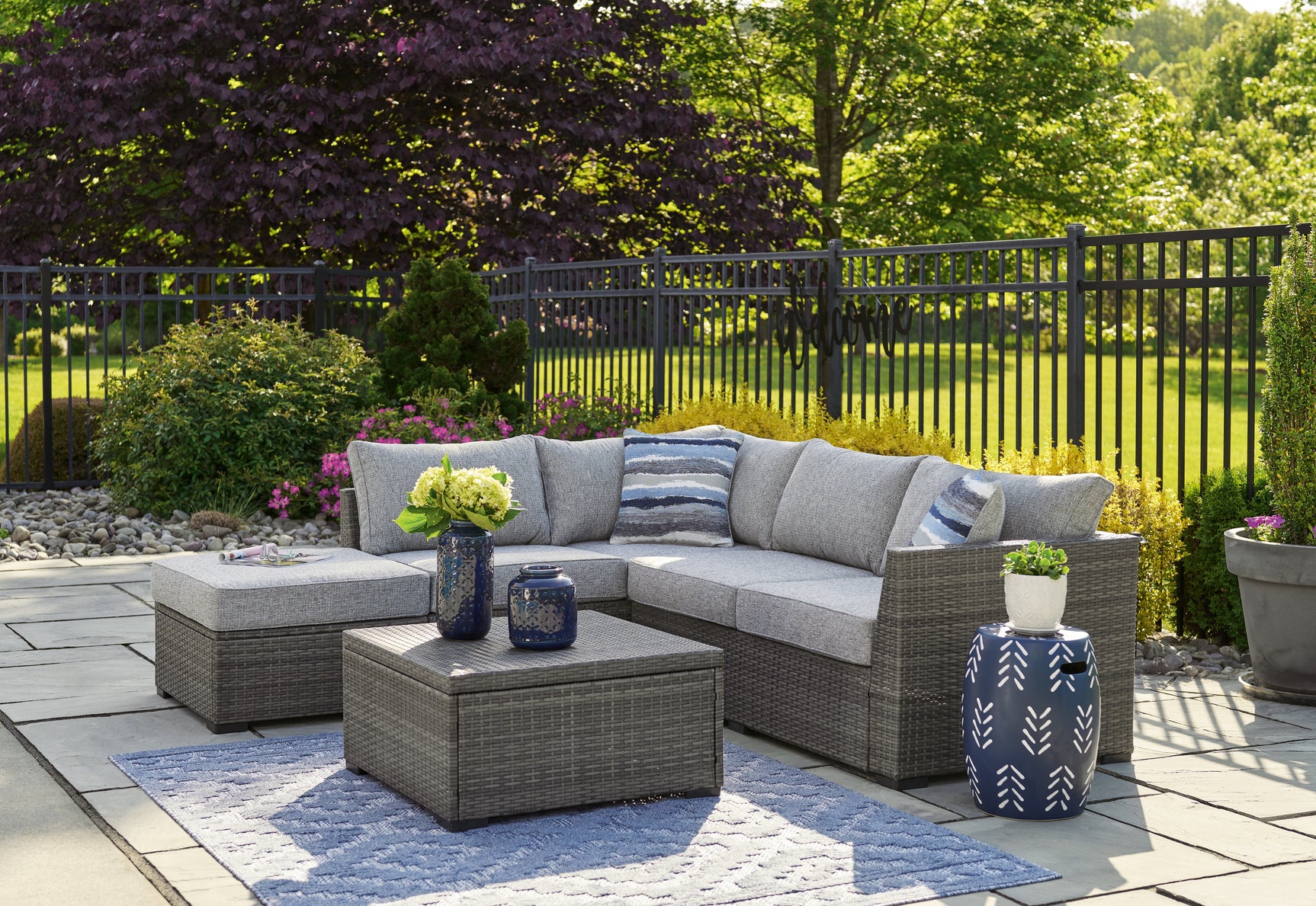 Sam's Furniture - Ashley Furniture - Petal Road Outdoor - LoveseatSEC/OTTO/TBL Set(4/CN) / Gray - P297-070