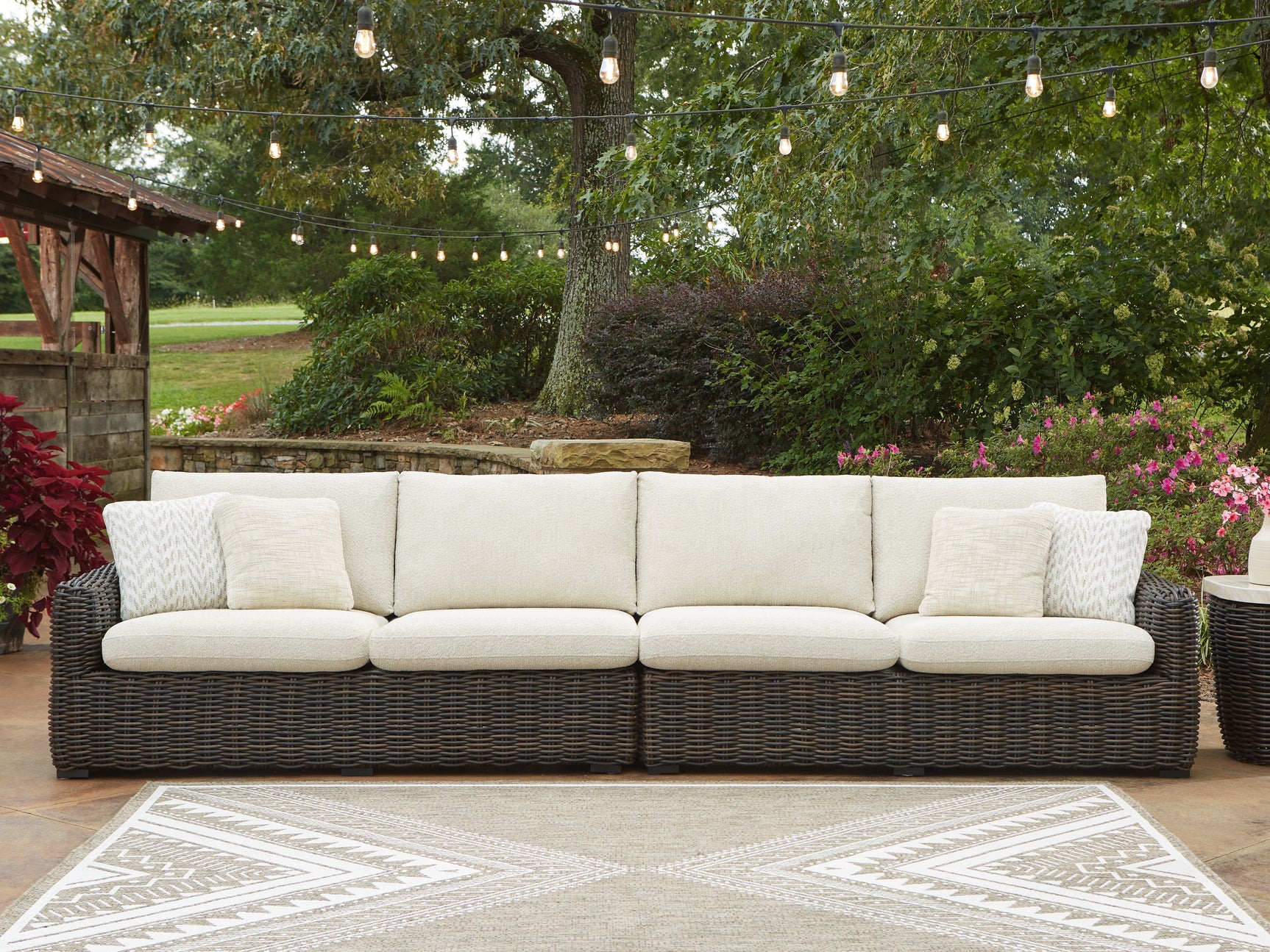 Sam's Furniture - Ashley Furniture - Kimora Outdoor - RAF/LAF Loveseat w/CUSH (Set of 2) / Beige/Dark Brown - P711-854