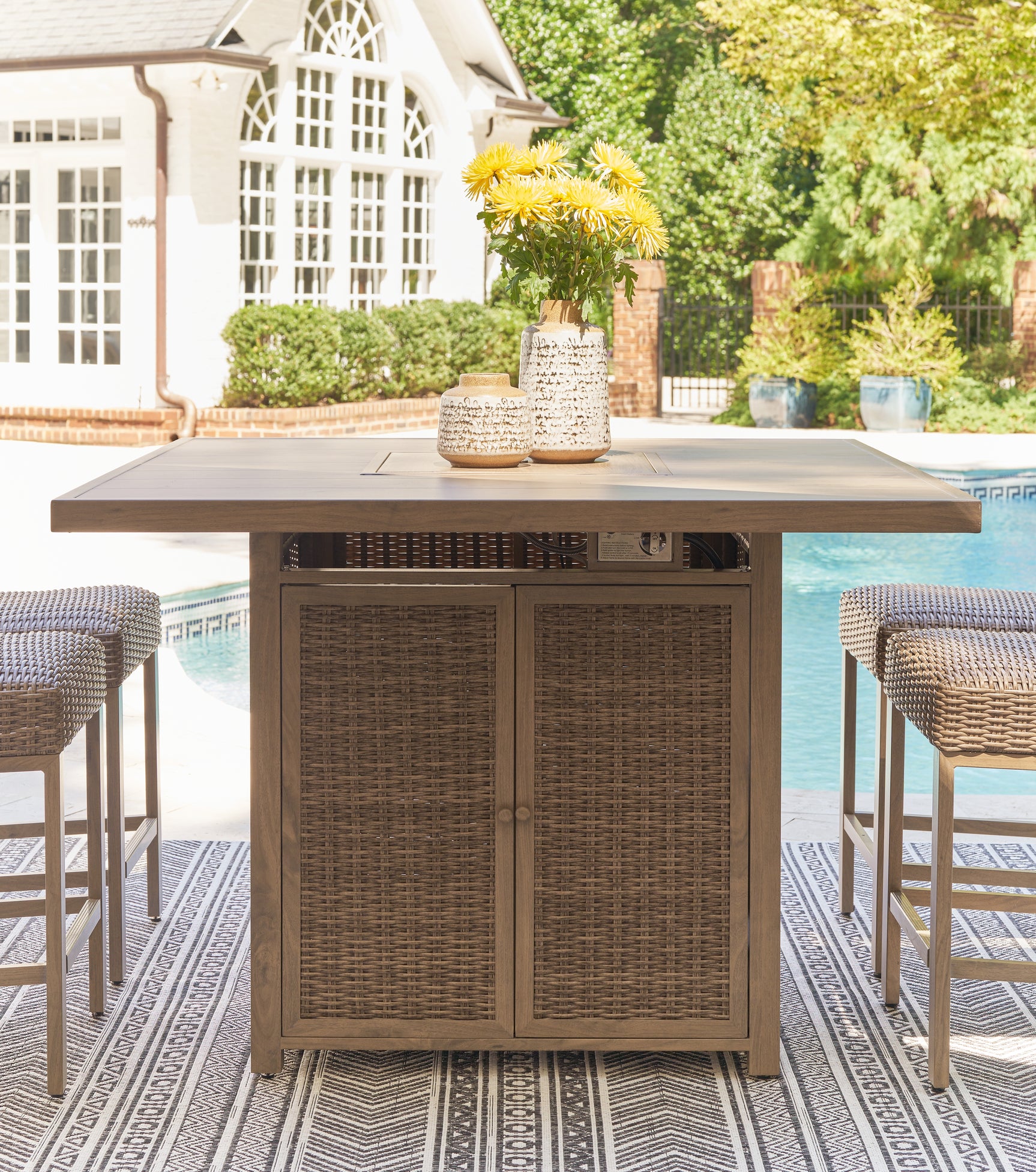 Sam's Furniture - Ashley Furniture - Walton Bridge Outdoor - Square Bar Table w/Fire Pit / Driftwood - P749-665