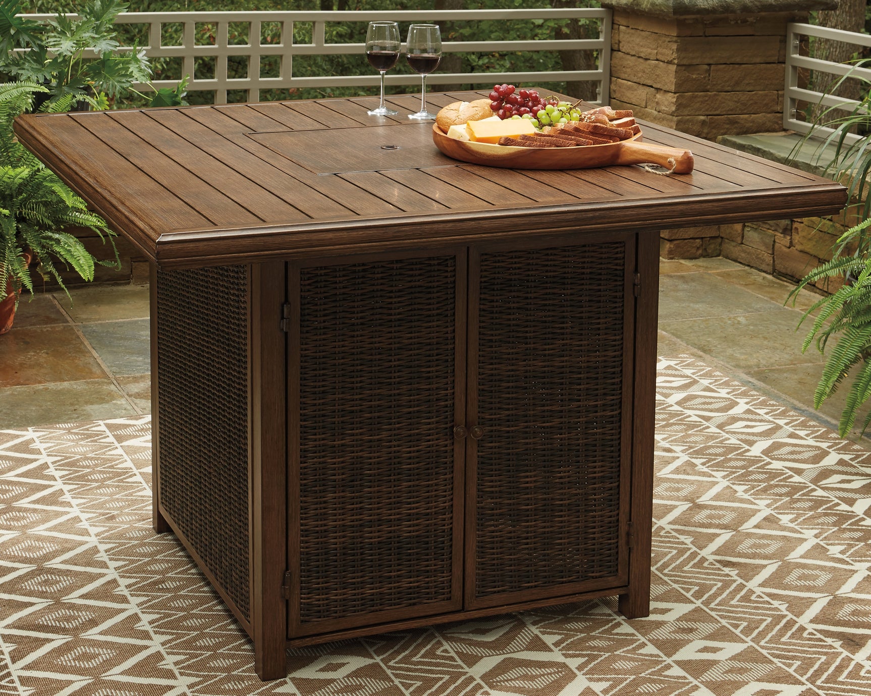 Sam's Furniture - Ashley Furniture - Paradise Trail Outdoor - Square Bar Table w/Fire Pit / Medium Brown - P750-665