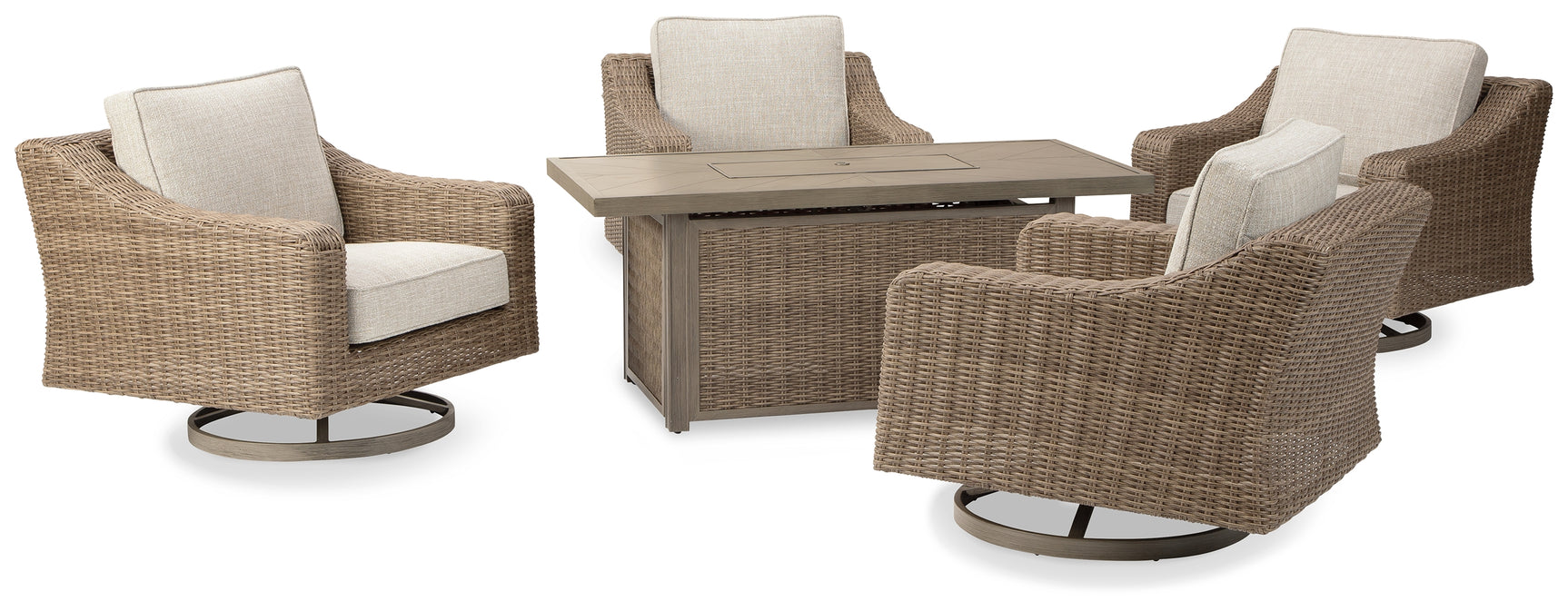 Sam's Furniture - Ashley Furniture - Beachcroft Outdoor - 5-Piece Outdoor Fire Pit Table with 4 Chairs / Beige - P791P17