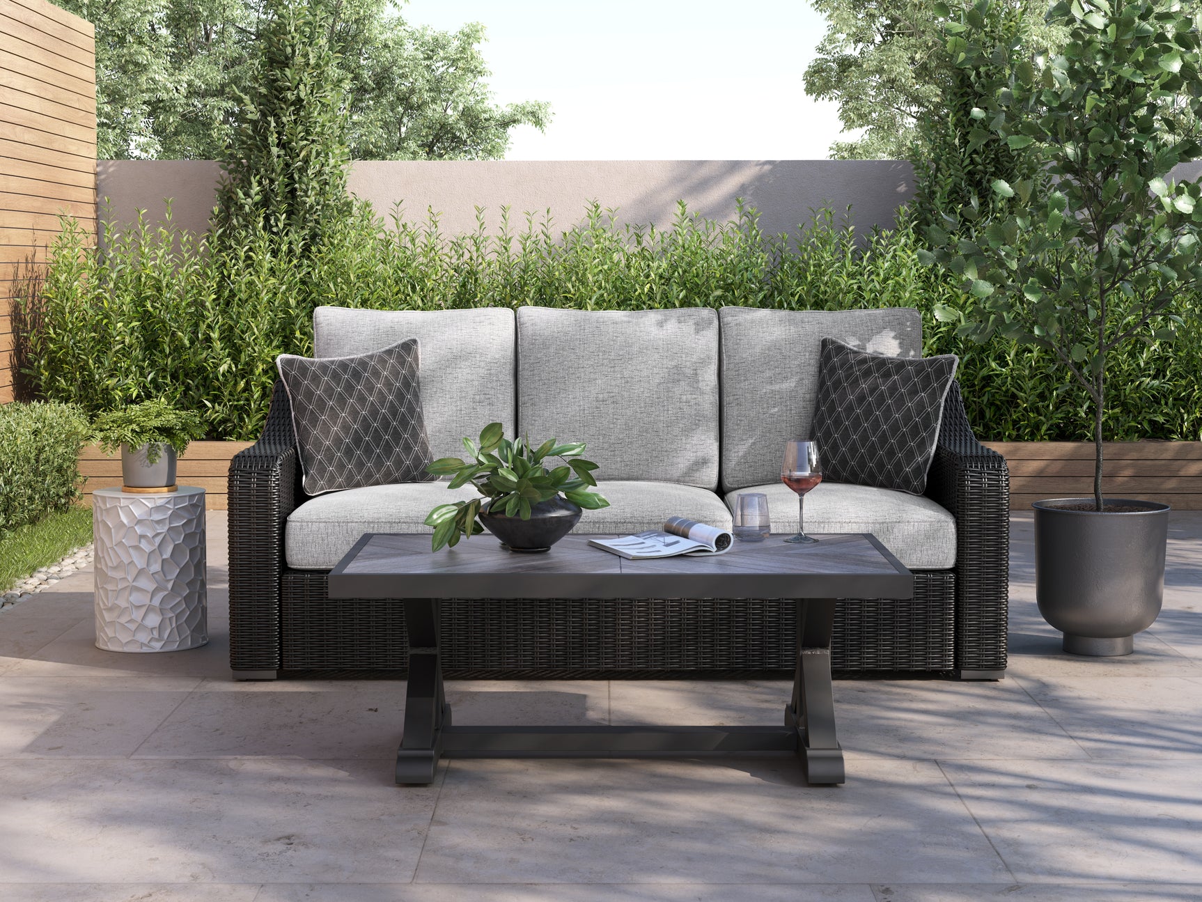 Sam's Furniture - Ashley Furniture - Beachcroft Outdoor - Sofa with Cushion / Black/Light Gray - P792-838