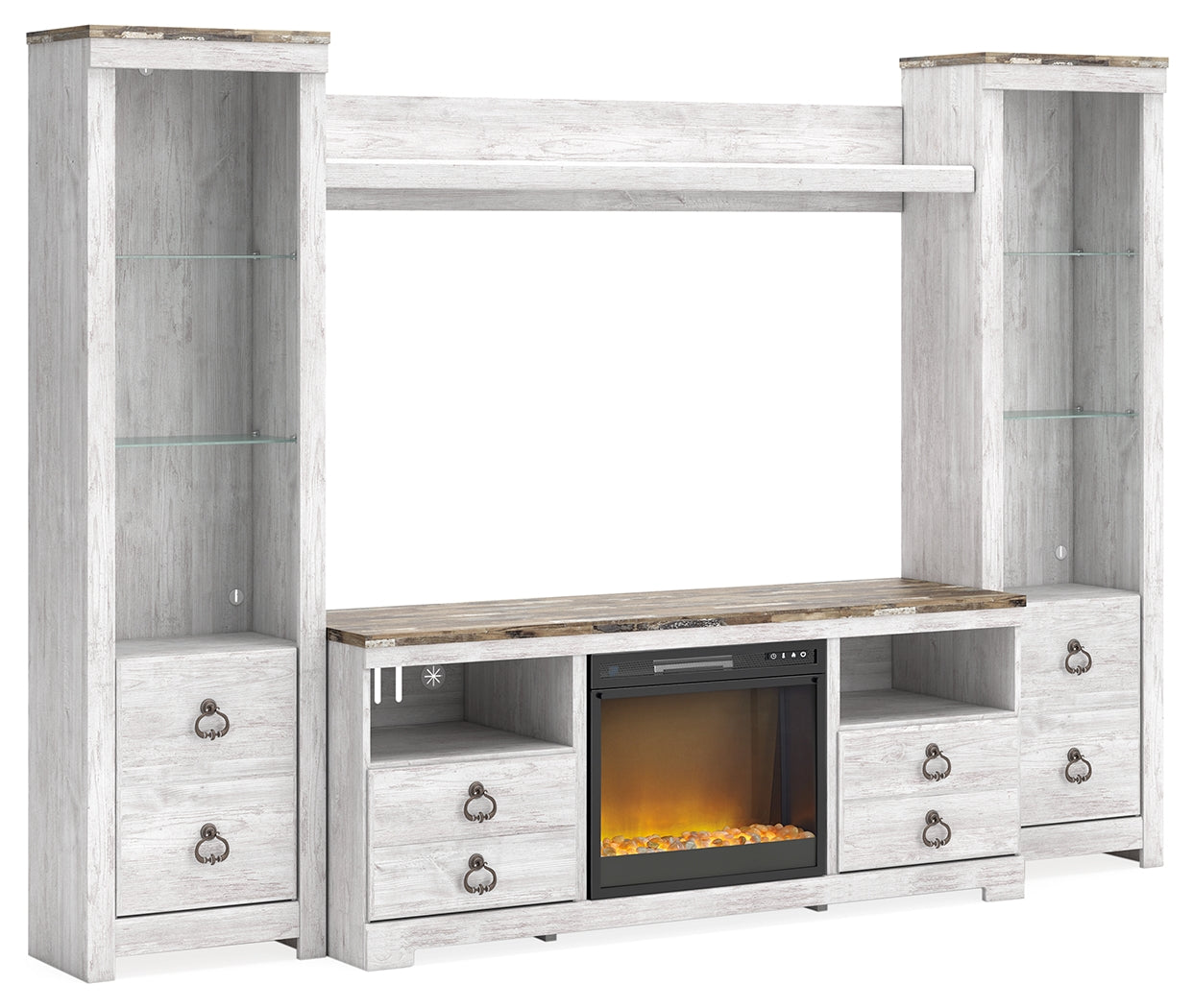 Sam's Furniture - Ashley Furniture - Willowton 4-Piece Entertainment Center with Electric Fireplace - 4-Piece Entertainment Center with Electric Fireplace / Whitewash - W267W4
