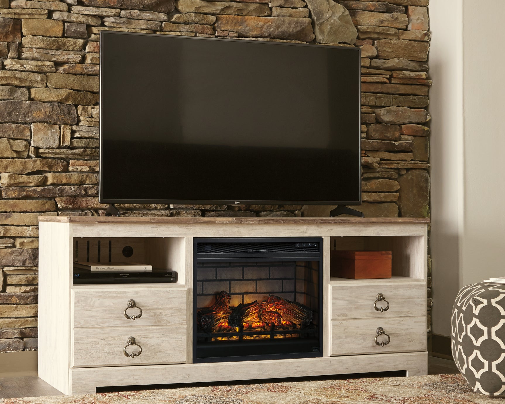 Sam's Furniture - Ashley Furniture - Willowton 64" TV Stand with Electric Fireplace - 64" TV Stand with Electric Fireplace / Whitewash - W267W8