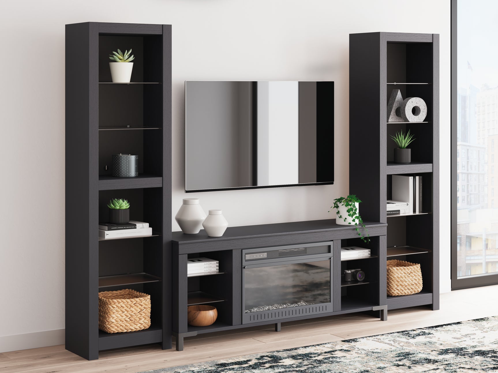 Sam's Furniture - Ashley Furniture - Cayberry 3-Piece Entertainment Center with Electric Fireplace - 3-Piece Entertainment Center with Electric Fireplace / Black - W2721W2
