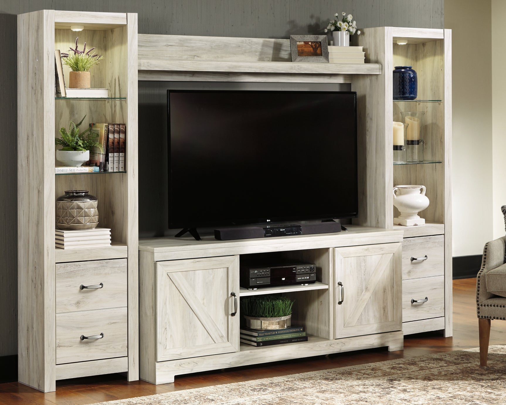 Sam's Furniture - Ashley Furniture - Bellaby Entertainment Center - 4-Piece Entertainment Center / Whitewash - W331W2