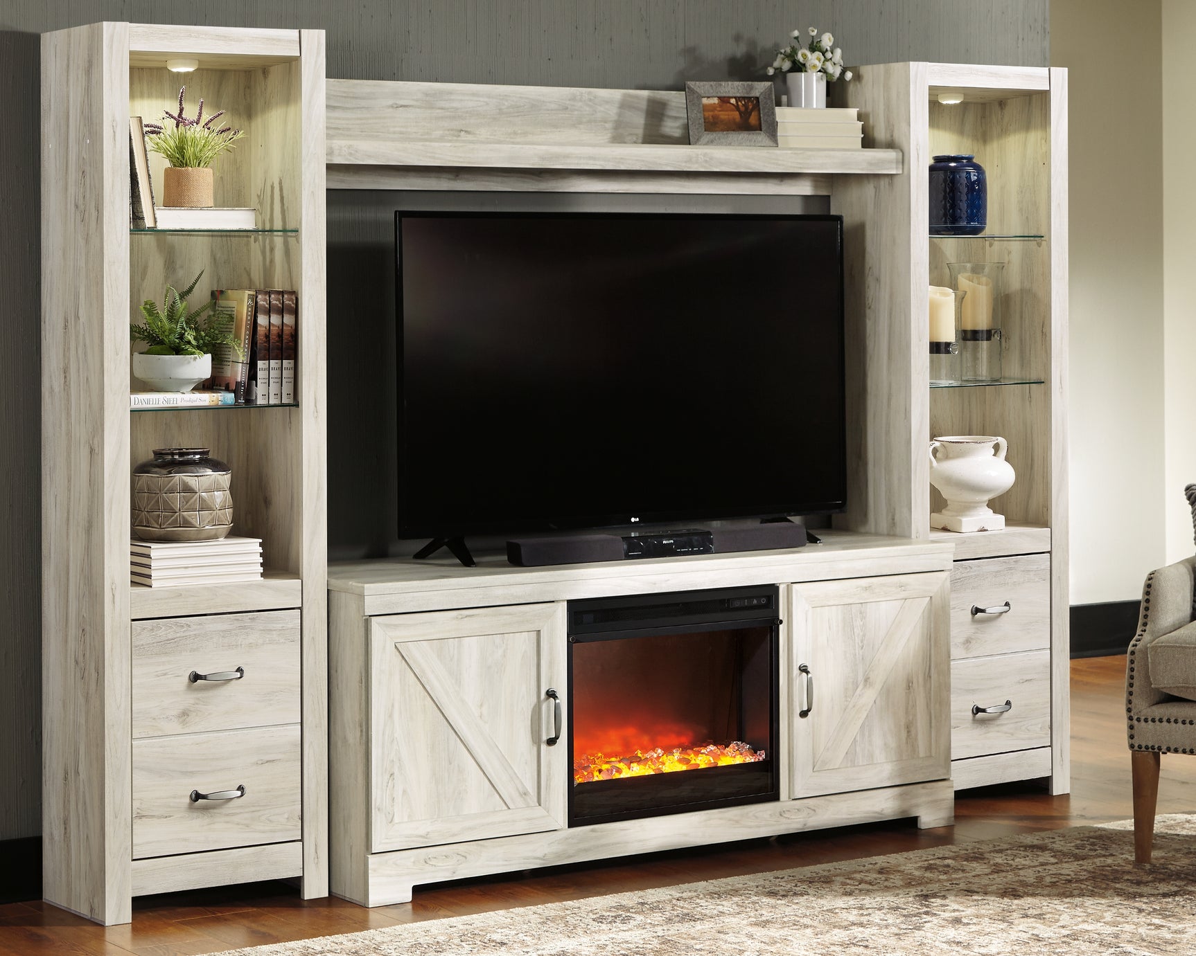 Sam's Furniture - Ashley Furniture - Bellaby 4-Piece Entertainment Center with Fireplace - 4-Piece Entertainment Center with Fireplace / Whitewash - W331W5
