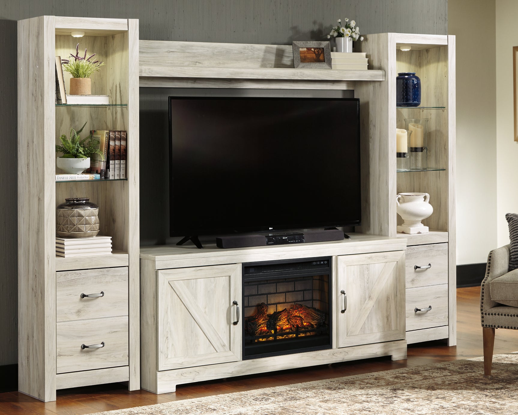 Sam's Furniture - Ashley Furniture - Bellaby 4-Piece Entertainment Center with Electric Fireplace - 4-Piece Entertainment Center with Electric Fireplace / Whitewash - W331W8