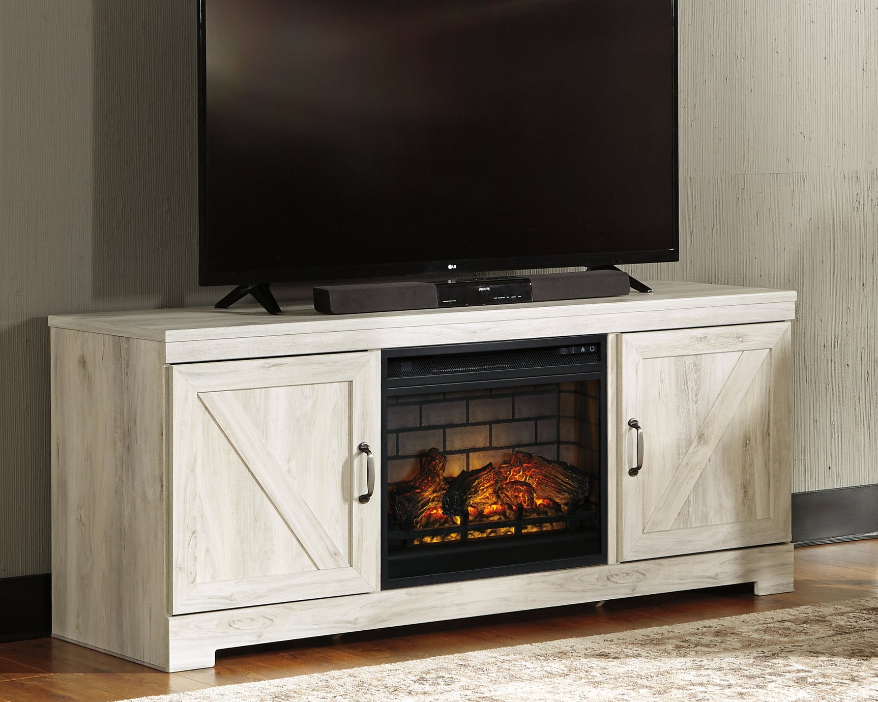 Sam's Furniture - Ashley Furniture - Bellaby 63" TV Stand with Electric Fireplace - 63" TV Stand with Electric Fireplace / Whitewash - W331W9