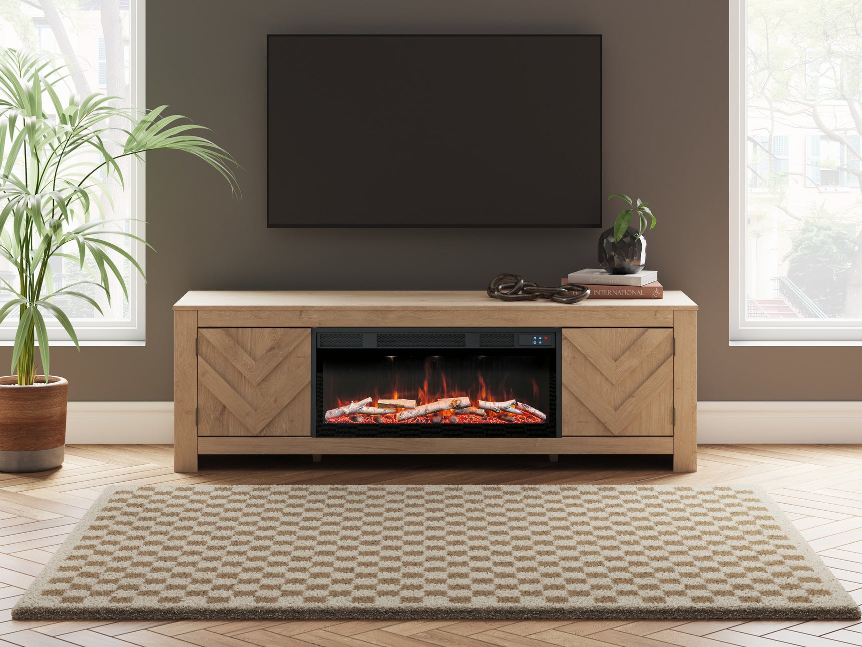 Sam's Furniture - Ashley Furniture - Cayboni 71" TV Stand with Electric Fireplace - 71" TV Stand with Electric Fireplace / Tan - W3787W1