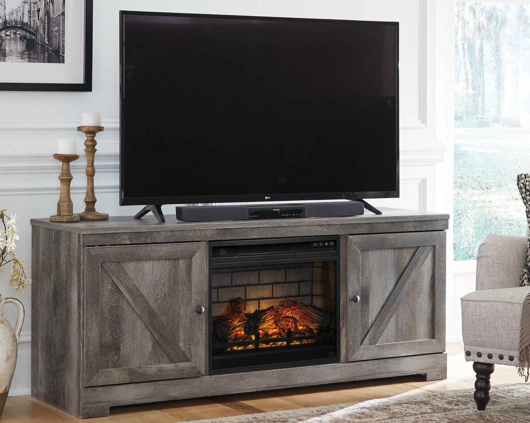 Sam's Furniture - Ashley Furniture - Wynnlow 63" TV Stand with Electric Fireplace - 63" TV Stand with Electric Fireplace / Gray - W440W9