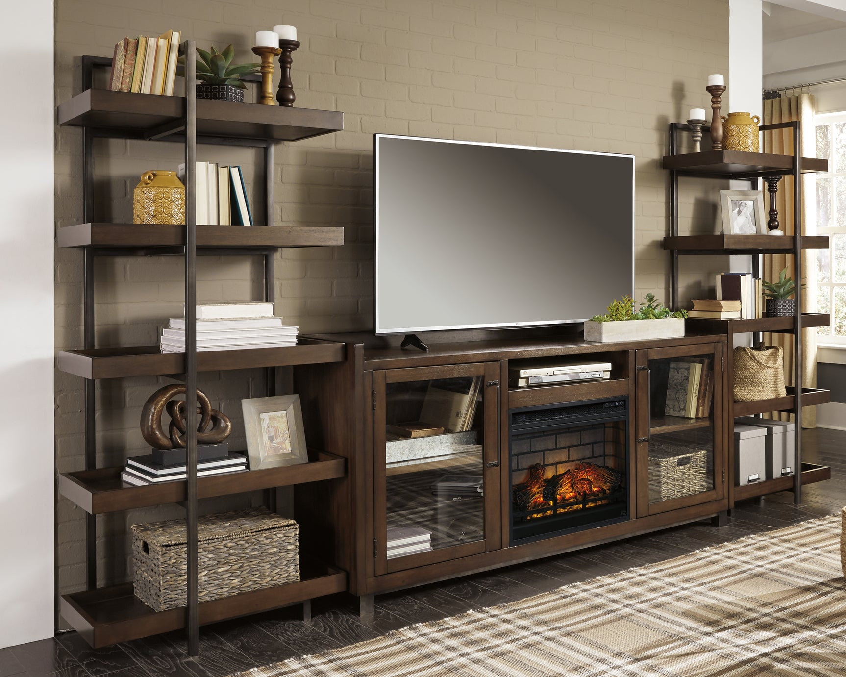 Sam's Furniture - Ashley Furniture - Starmore 3-Piece Wall Unit with Electric Fireplace - 3-Piece Wall Unit with Electric Fireplace / Brown/Gunmetal - W633W6