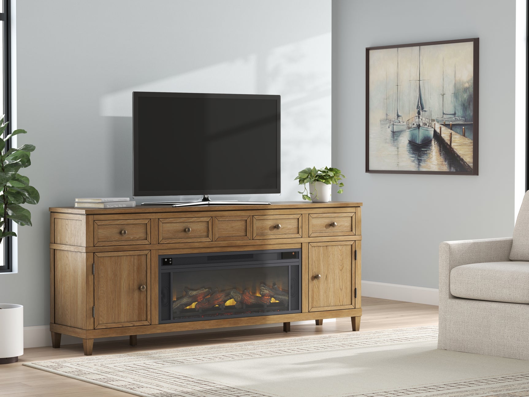 Sam's Furniture - Ashley Furniture - Sharlance 81" TV Stand with Electric Fireplace - 81" TV Stand with Electric Fireplace / Light Brown - W655W1